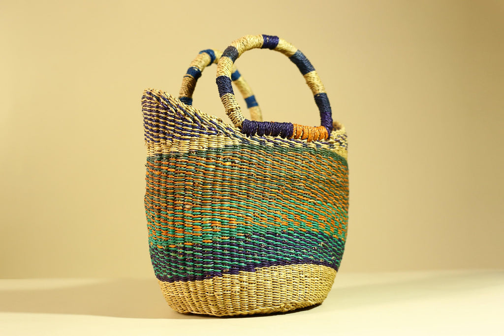 Handwoven African Bolga Basket • Multicolor Grass Market Tote from Ghana-G6276