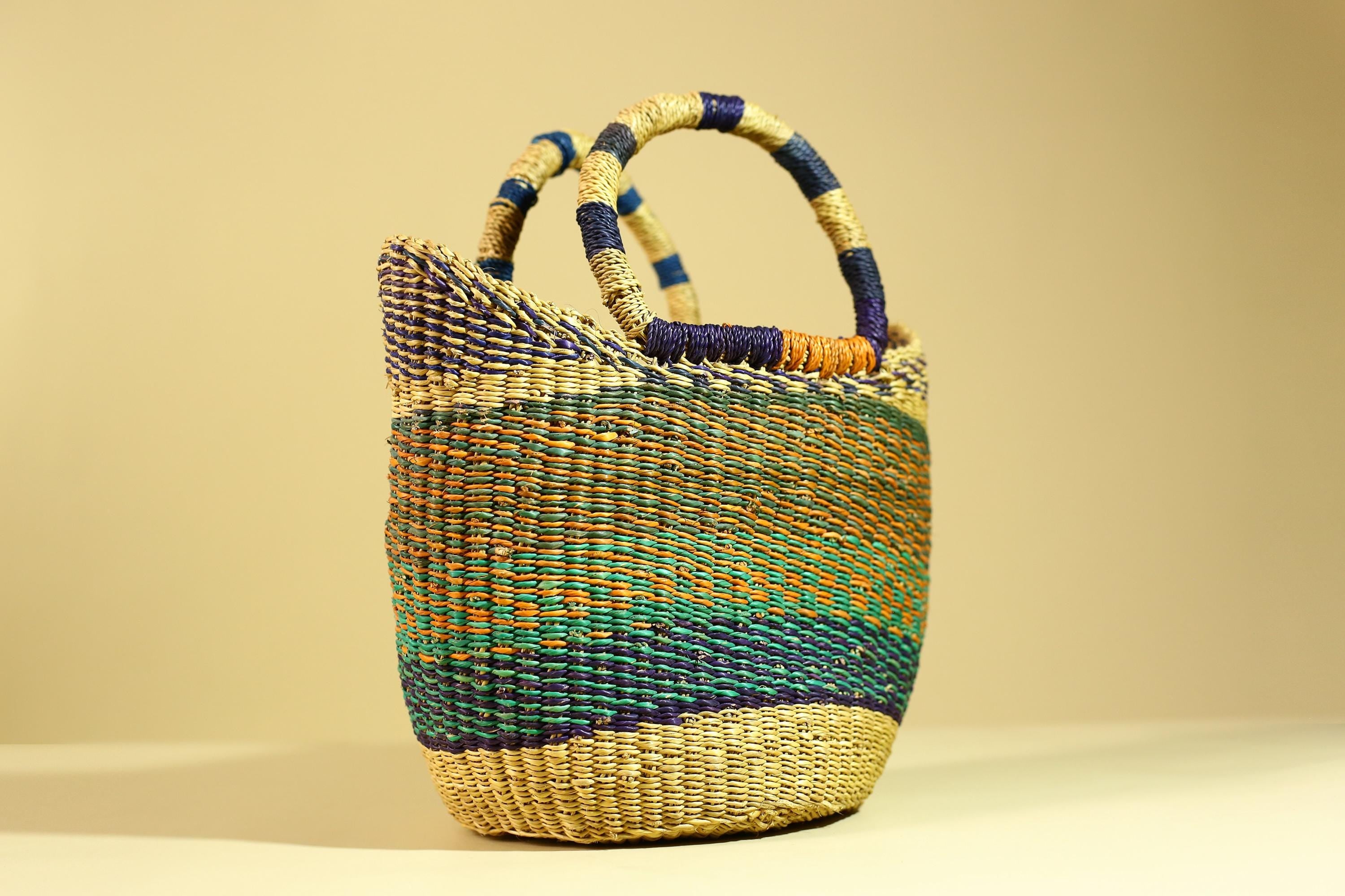 Handwoven African Bolga Basket • Multicolor Grass Market Tote from Ghana-G6276