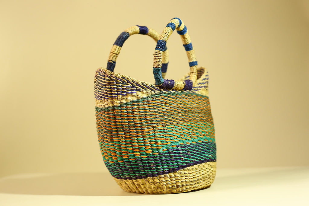 Handwoven African Bolga Basket • Multicolor Grass Market Tote from Ghana-G6276