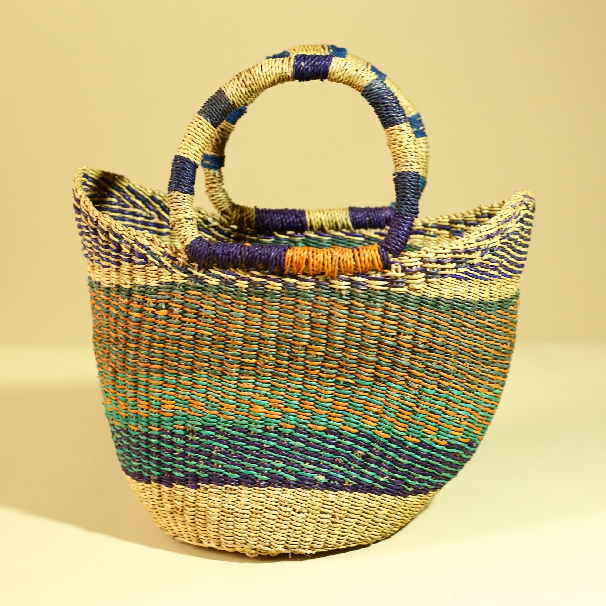 Handwoven African Bolga Basket • Multicolor Grass Market Tote from Ghana-G6276