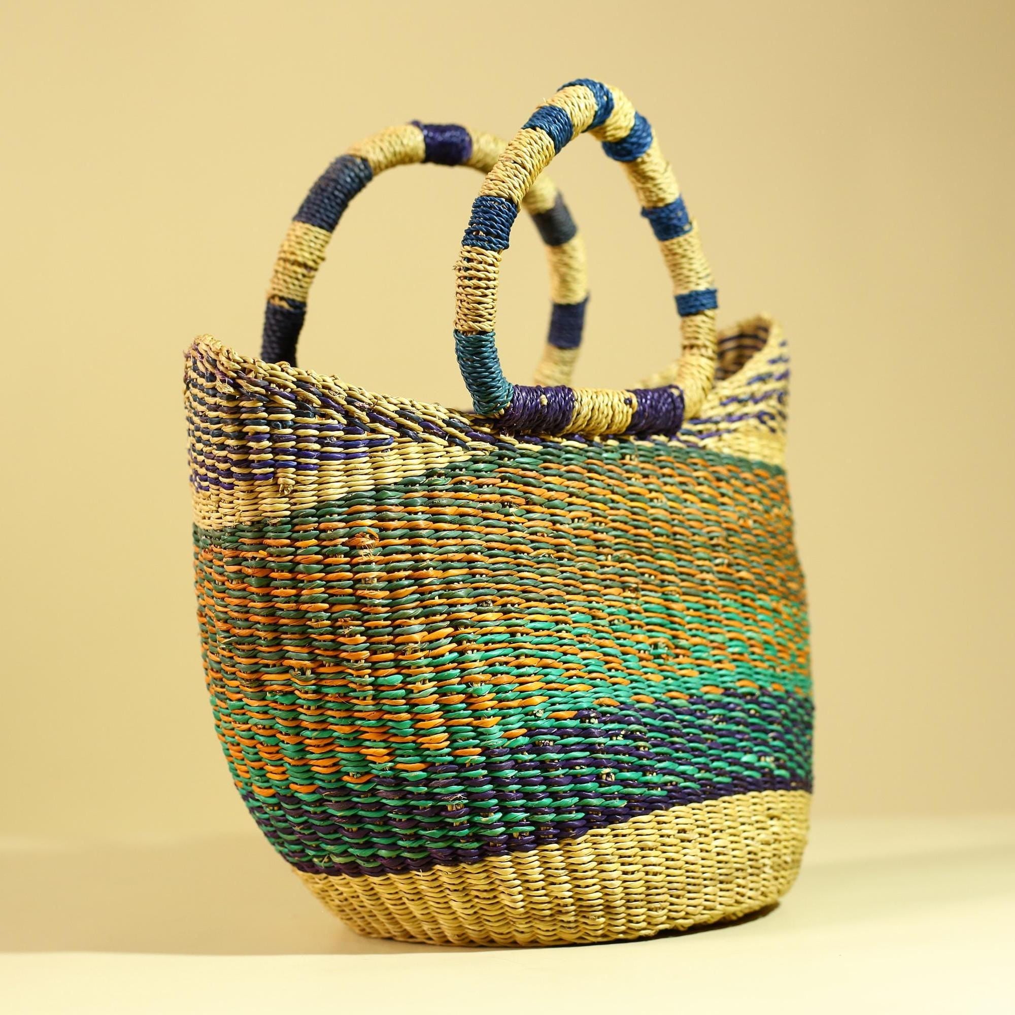 Handwoven African Bolga Basket • Multicolor Grass Market Tote from Ghana-G6276