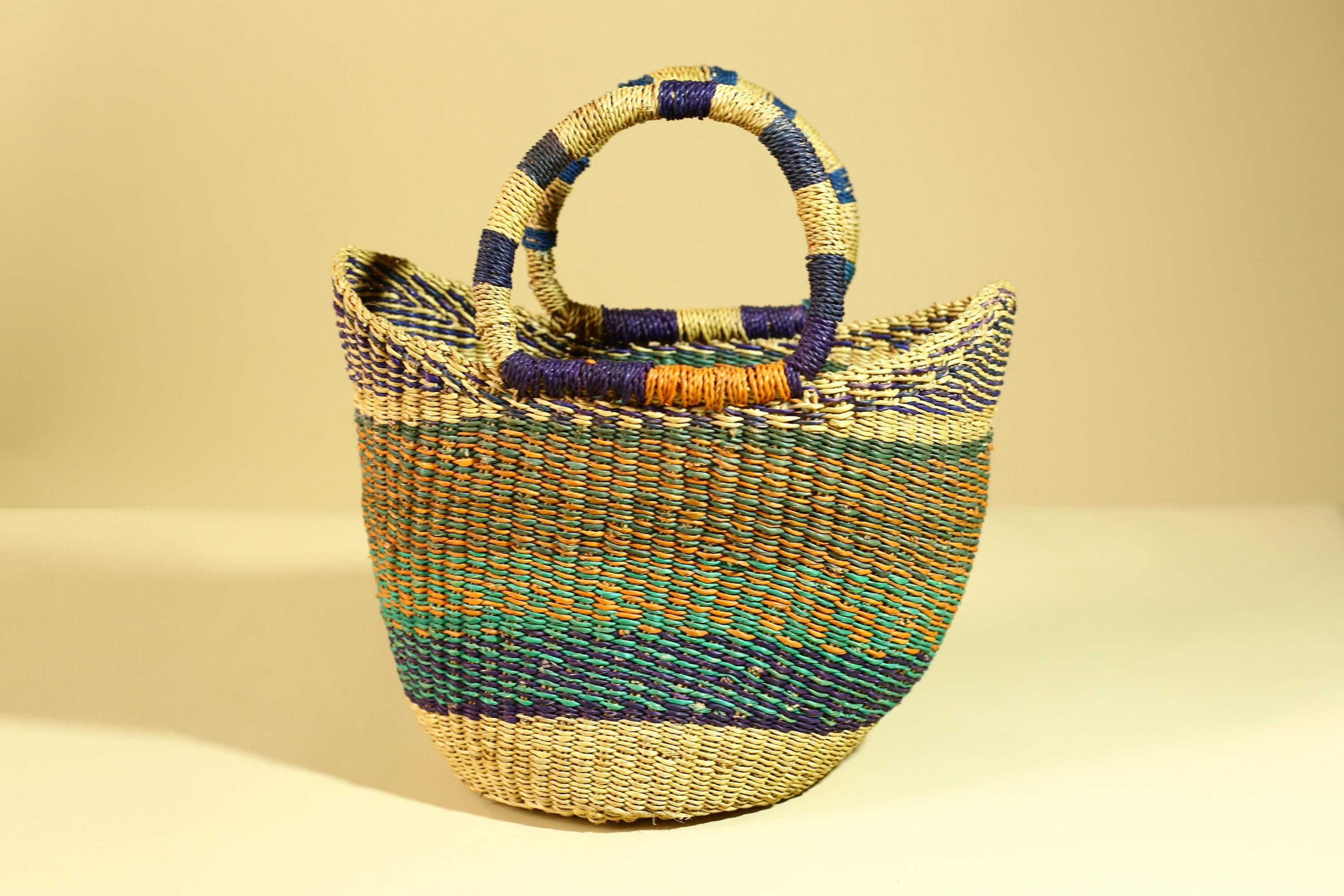 Handwoven African Bolga Basket • Multicolor Grass Market Tote from Ghana-G6276