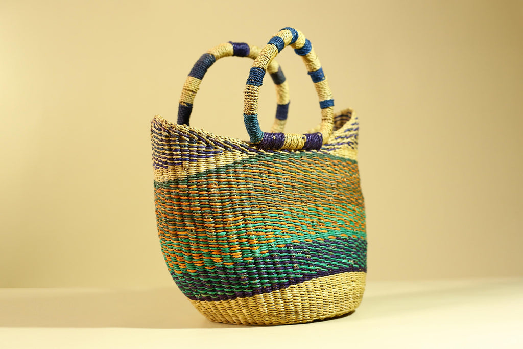 Handwoven African Bolga Basket • Multicolor Grass Market Tote from Ghana-G6276