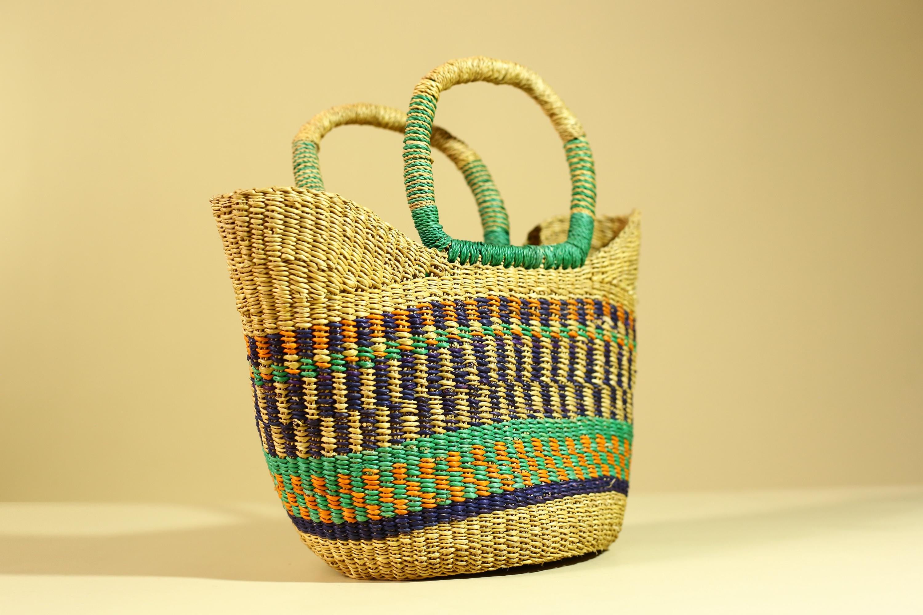 Handwoven African Bolga Basket Colorful Ghana Market Basket-G6277