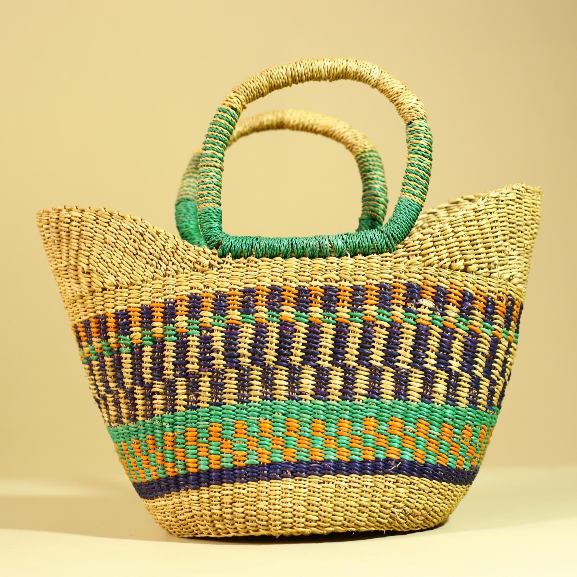 Handwoven African Bolga Basket Colorful Ghana Market Basket-G6277