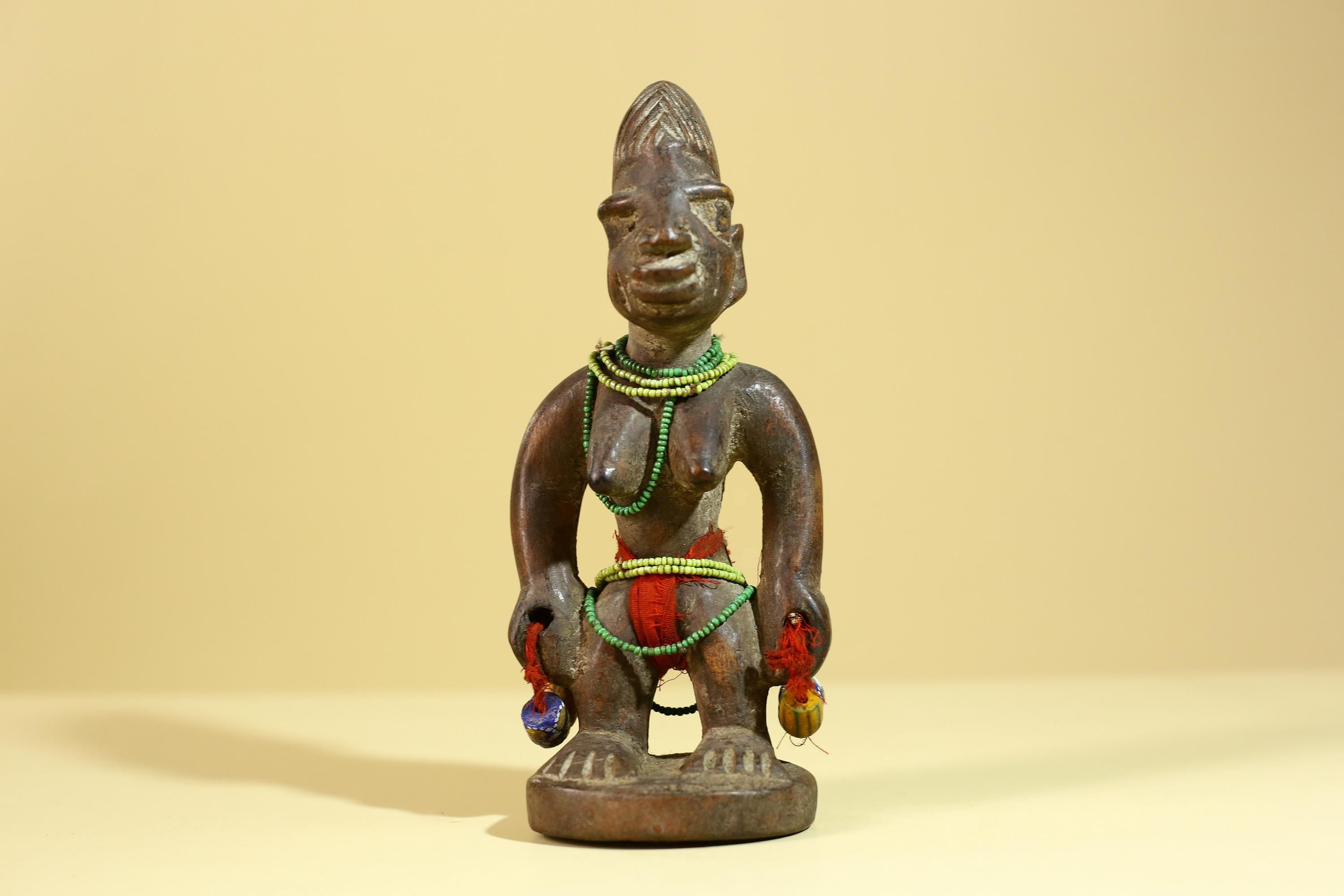 Hand Carved African Wooden Figurine Tribal Sculpture with Beads Vintage Decor-G6278