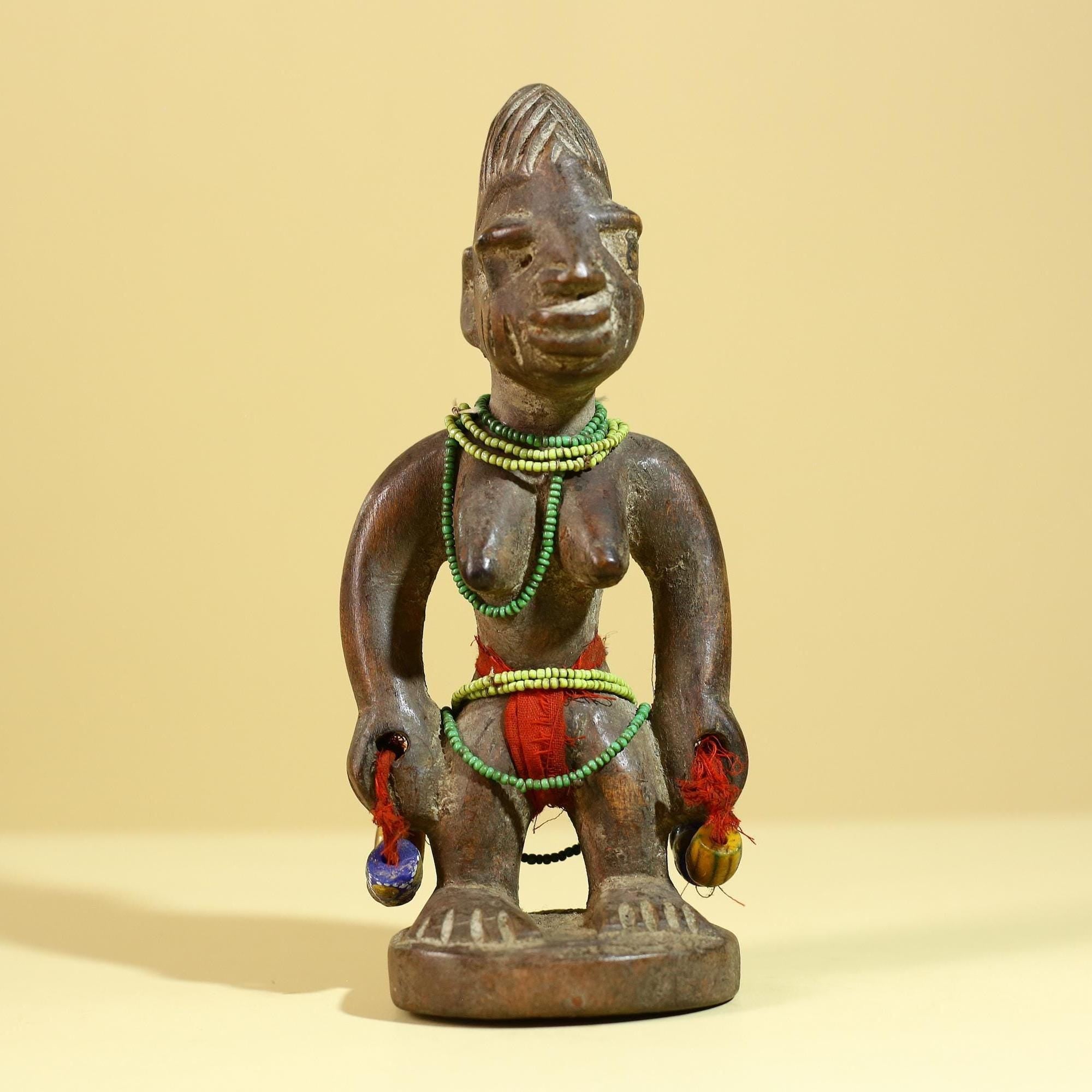 Hand Carved African Wooden Figurine Tribal Sculpture with Beads Vintage Decor-G6278