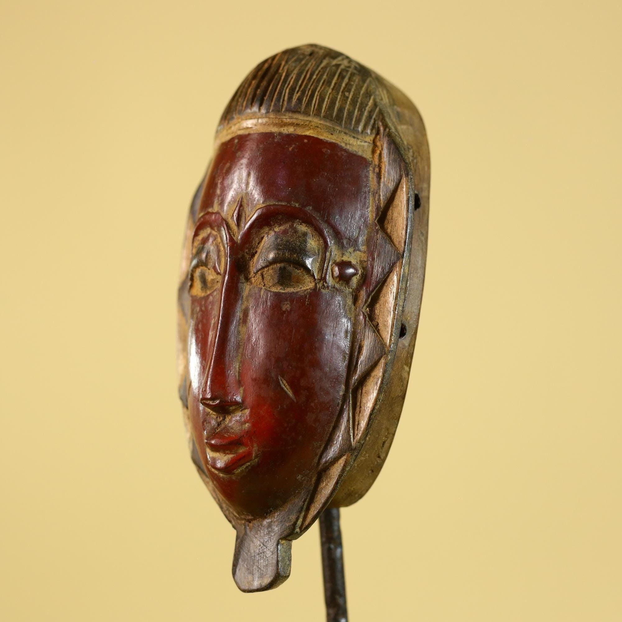 African Mask Wooden Tribal Art Hand Carved Red Pigment Wall Decor-G6281