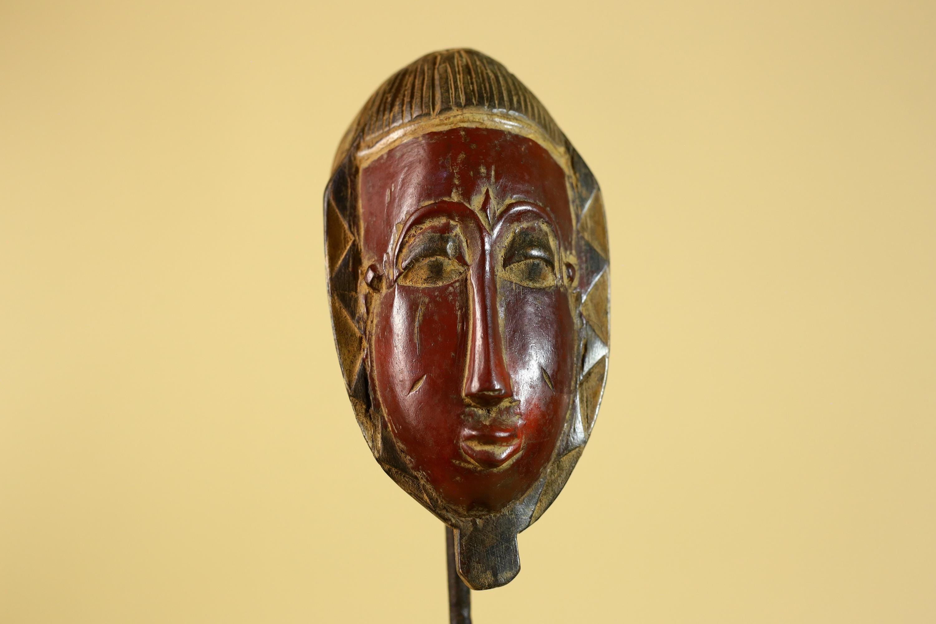 African Mask Wooden Tribal Art Hand Carved Red Pigment Wall Decor-G6281