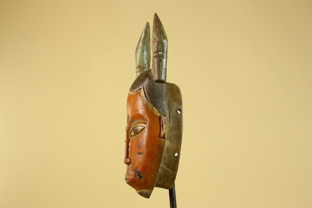 African Horned Tribal Mask Hand Carved Wooden Ritual African Wall Art-G6282