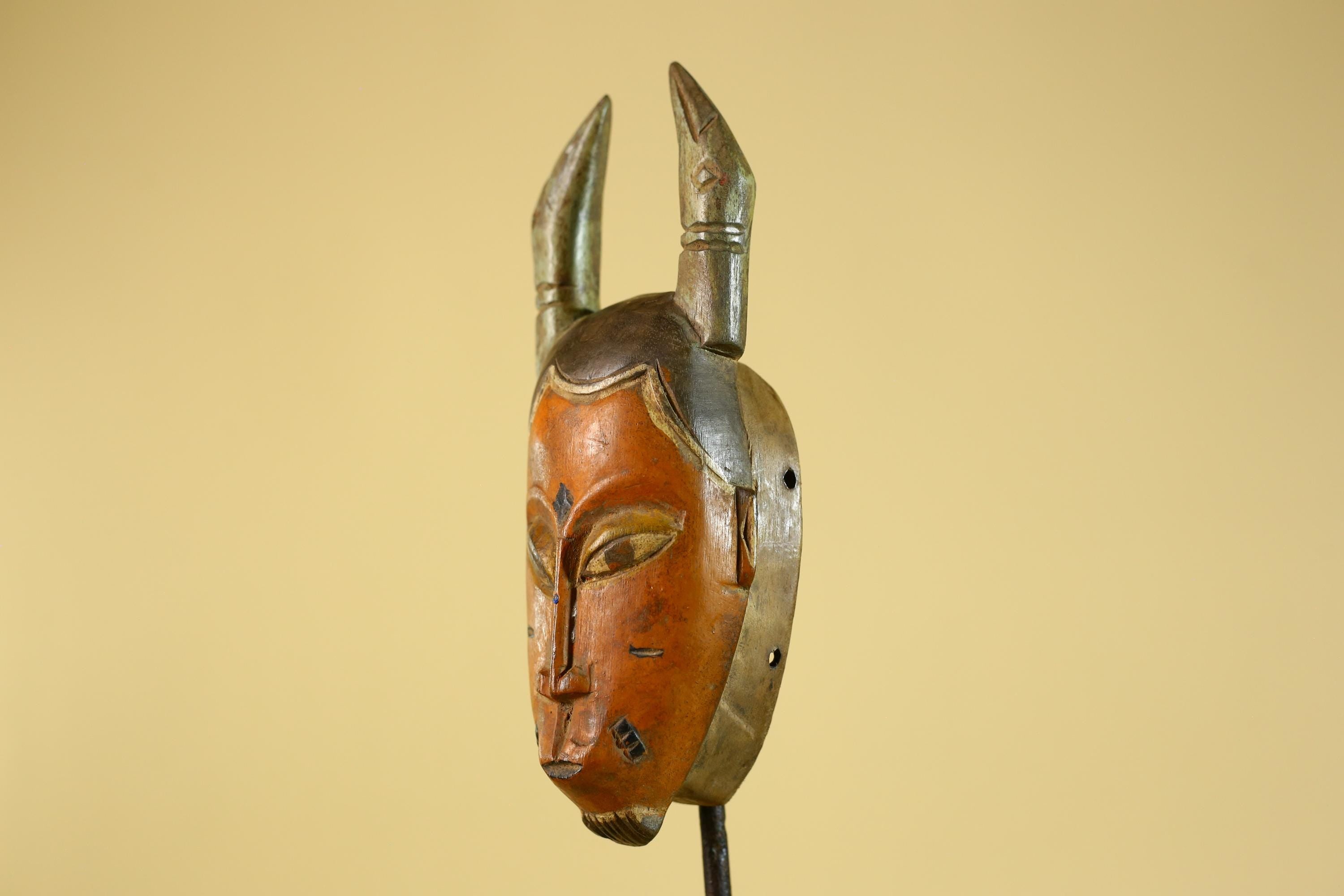 African Horned Tribal Mask Hand Carved Wooden Ritual African Wall Art-G6282