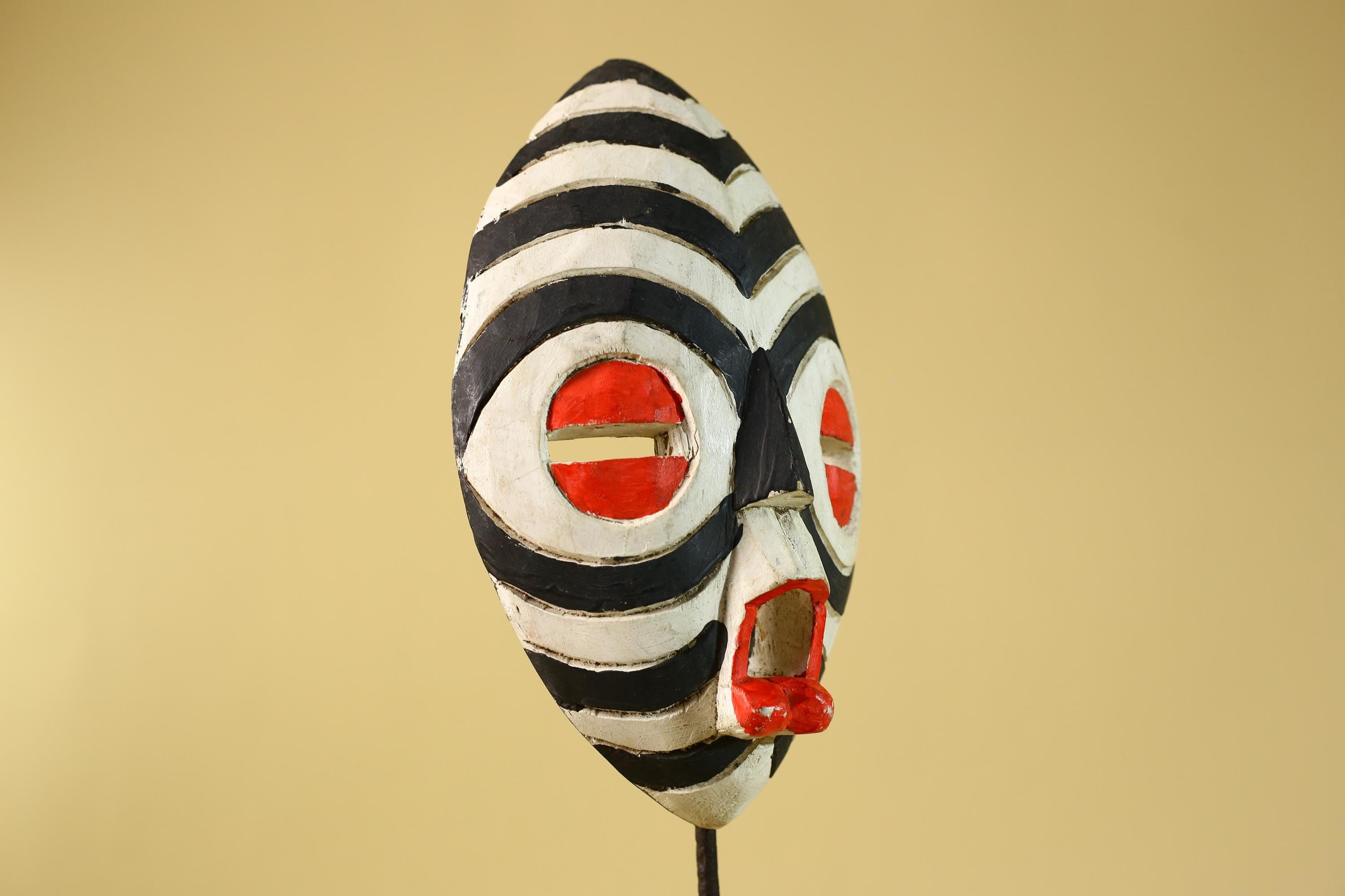 African Tribal Mask Hand Carved Wooden Mask Black White Ceremonial Wall Art-G6283