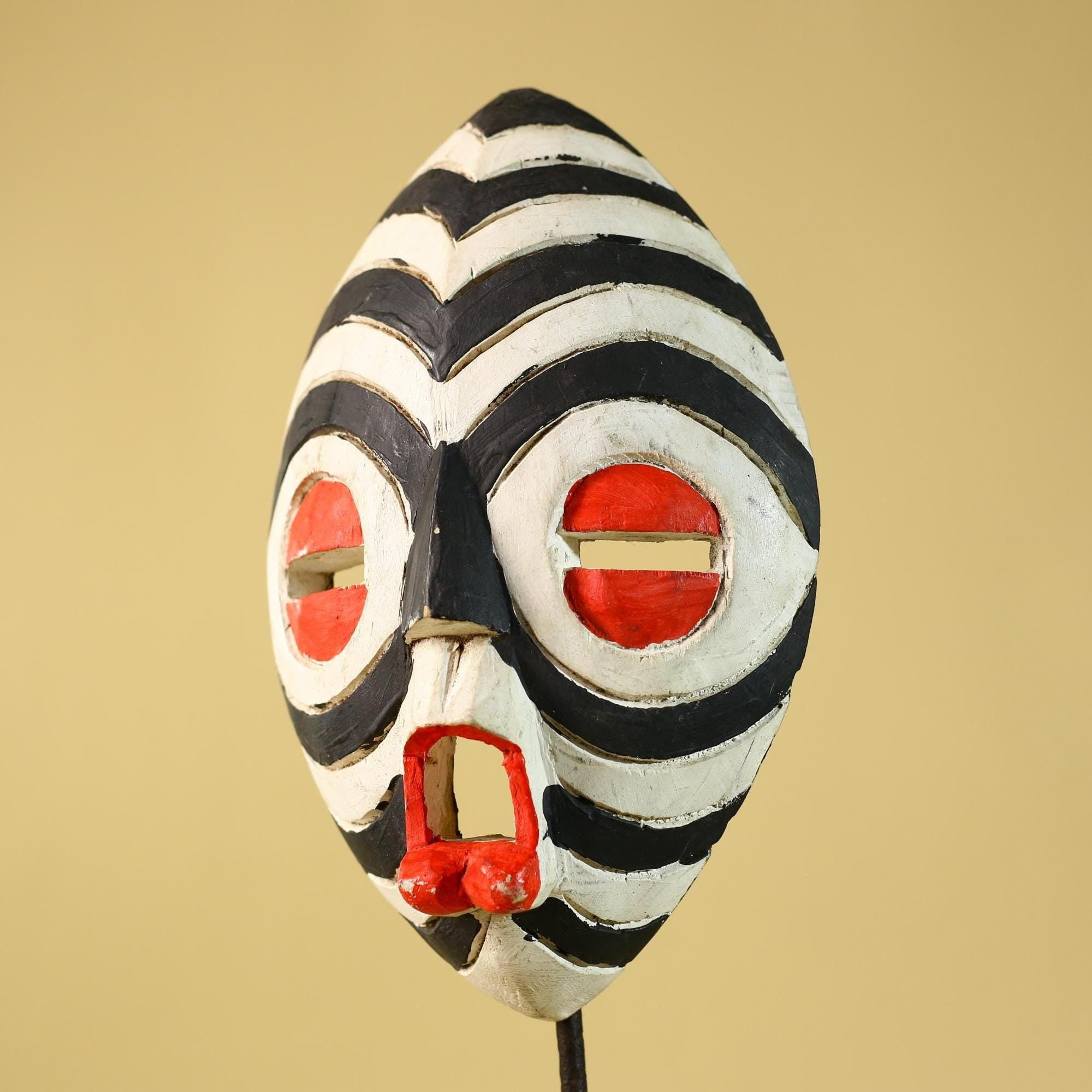 African Tribal Mask Hand Carved Wooden Mask Black White Ceremonial Wall Art-G6283