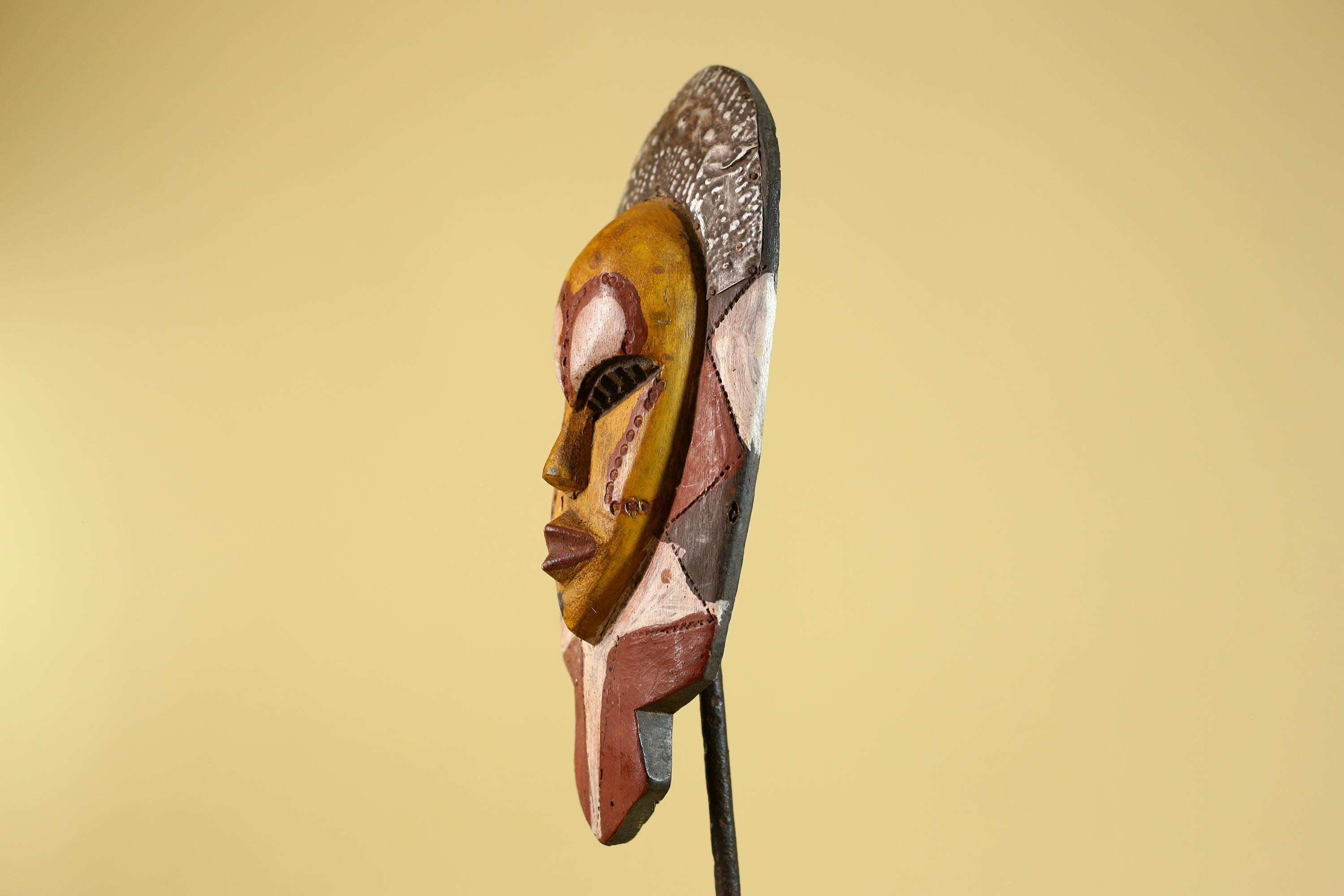 African Tribal Mask Hand Carved Wood Polychrome Wall Art Vintage Decor-G6284