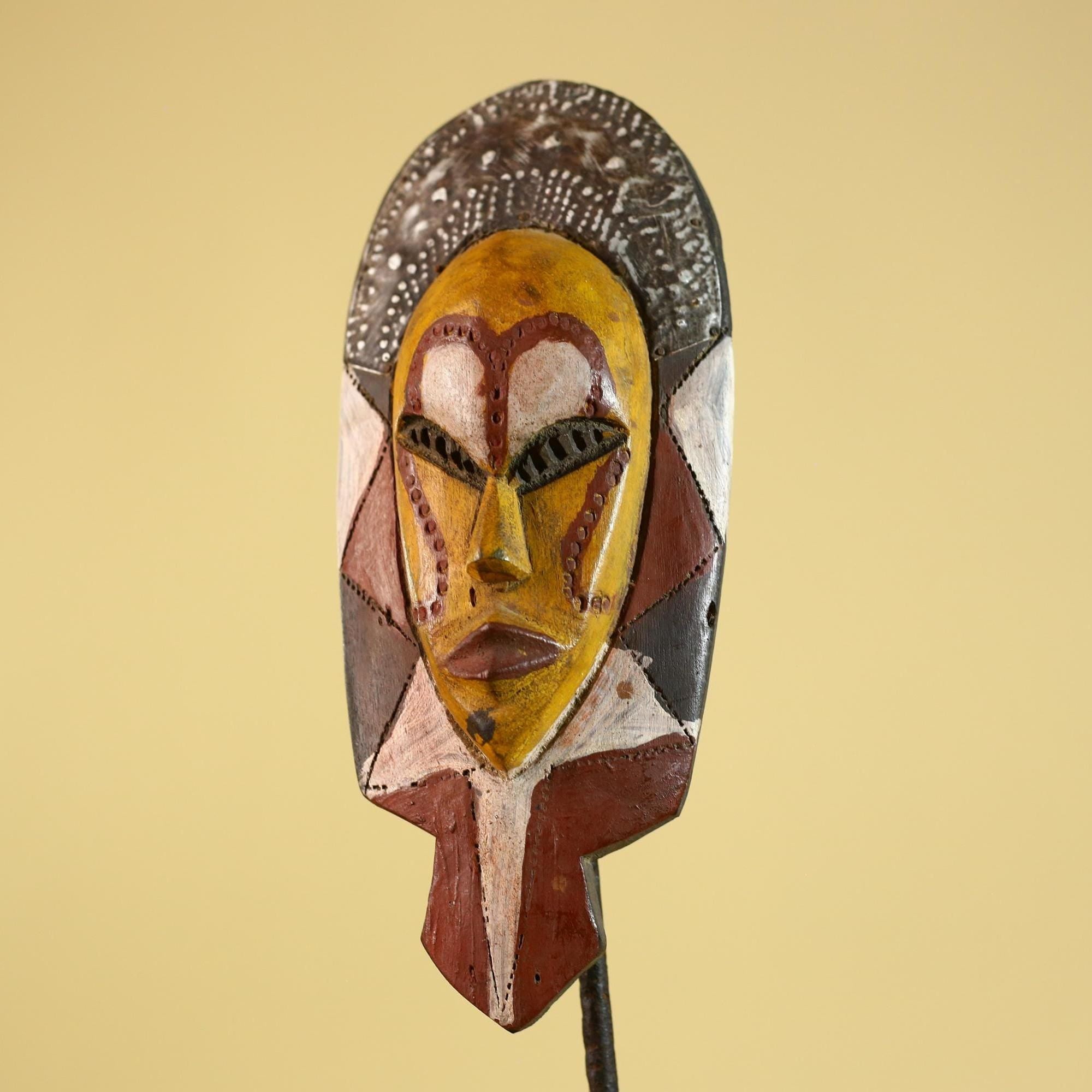 African Tribal Mask Hand Carved Wood Polychrome Wall Art Vintage Decor-G6284