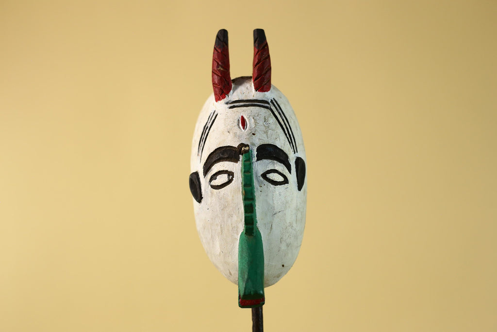 African Horned Mask Hand Carved Tribal Ritual Wall Art Wooden Decor-G6285