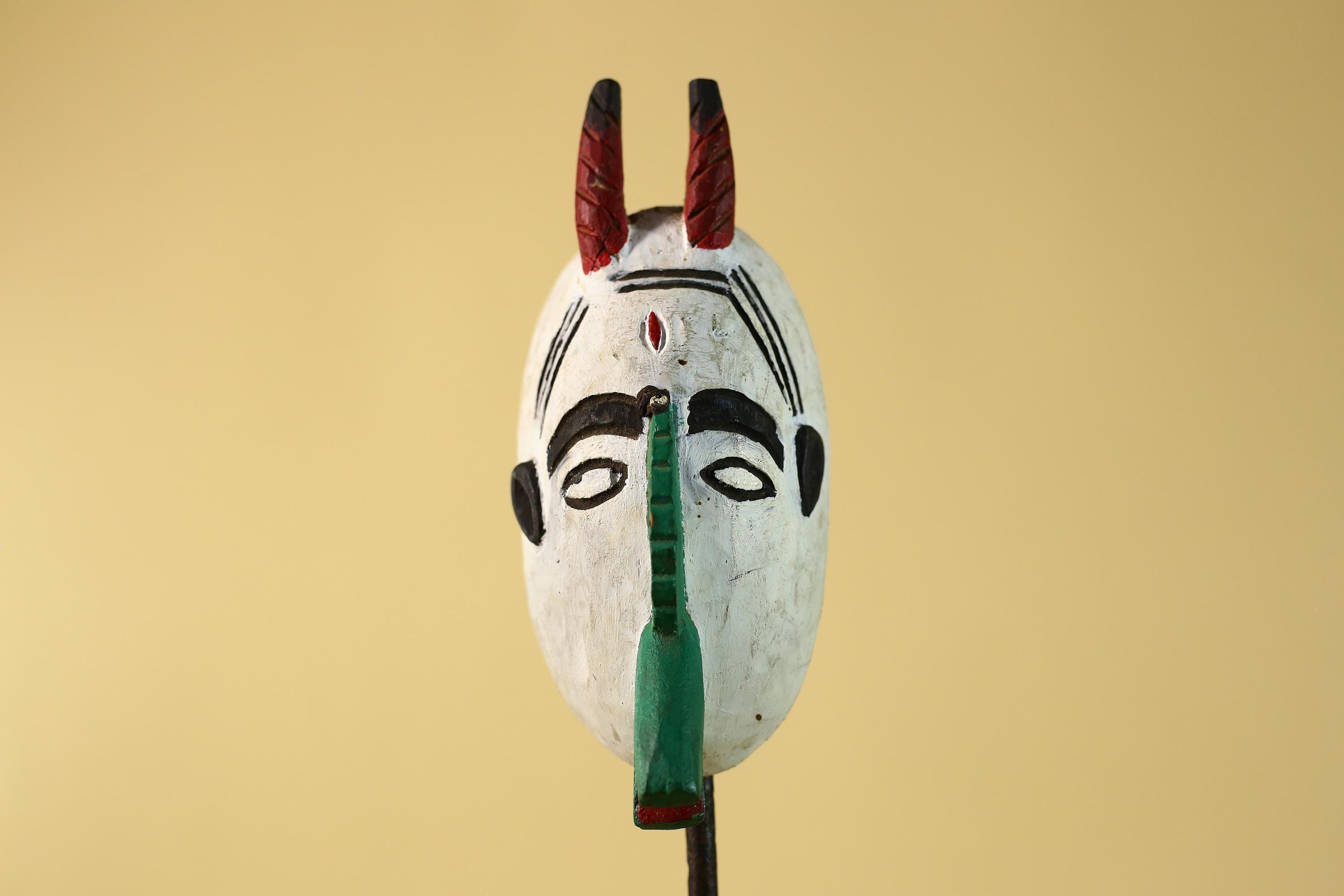 African Horned Mask Hand Carved Tribal Ritual Wall Art Wooden Decor-G6285