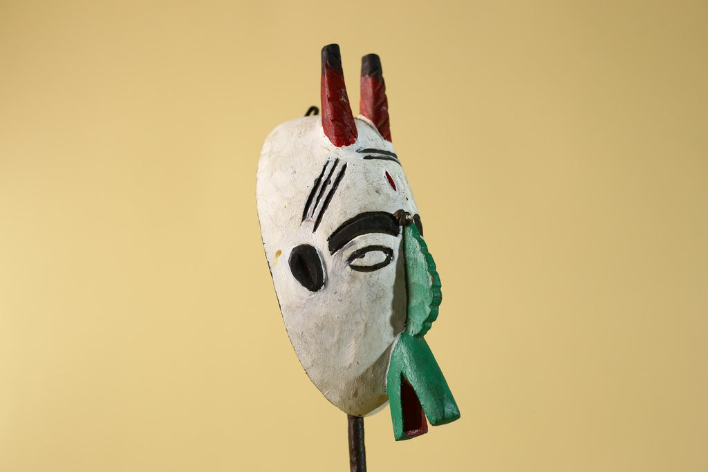 African Horned Mask Hand Carved Tribal Ritual Wall Art Wooden Decor-G6285