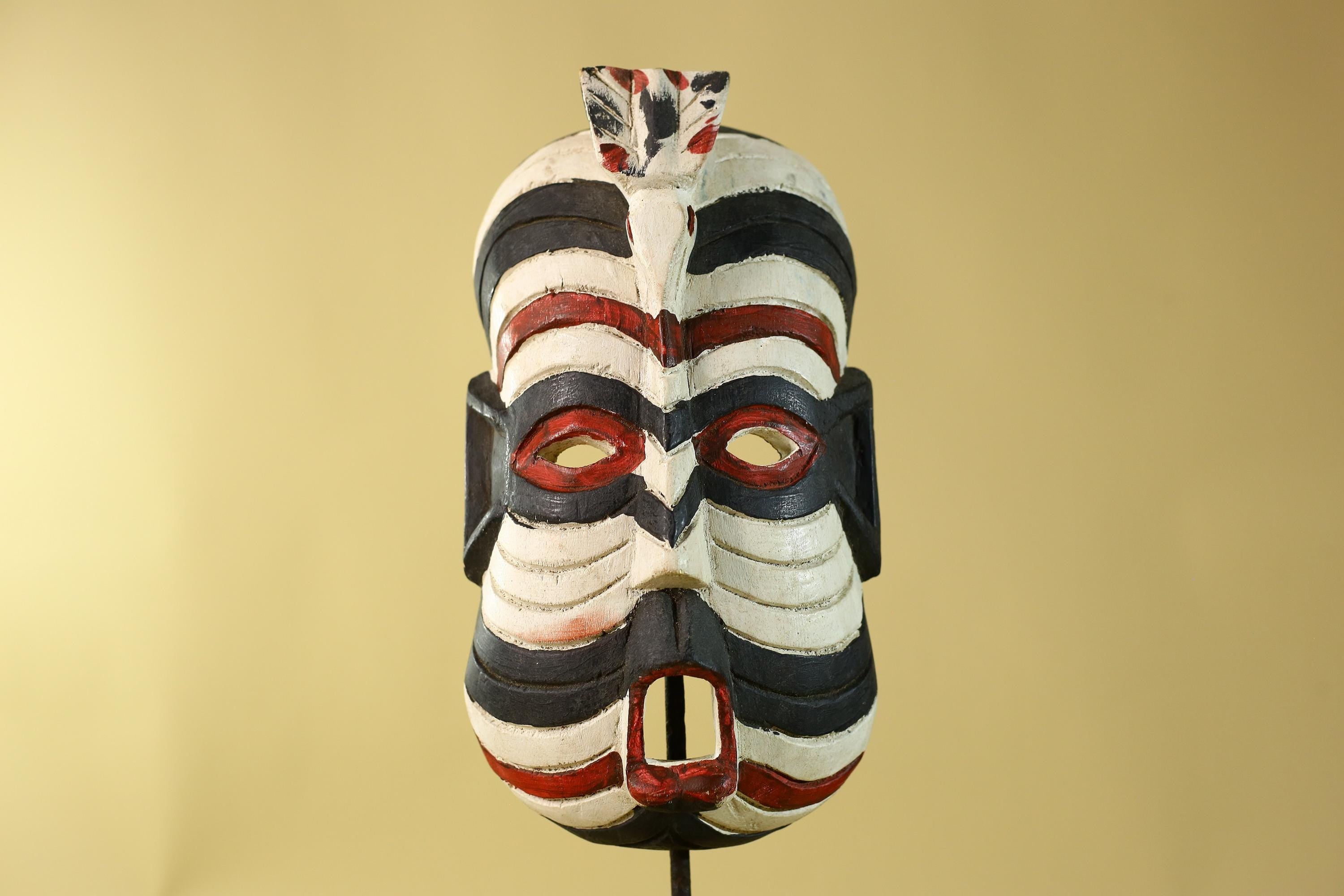 African Tribal Wall Art Kifwebe Mask, Songye Congo Striped Carved Wood-G6206