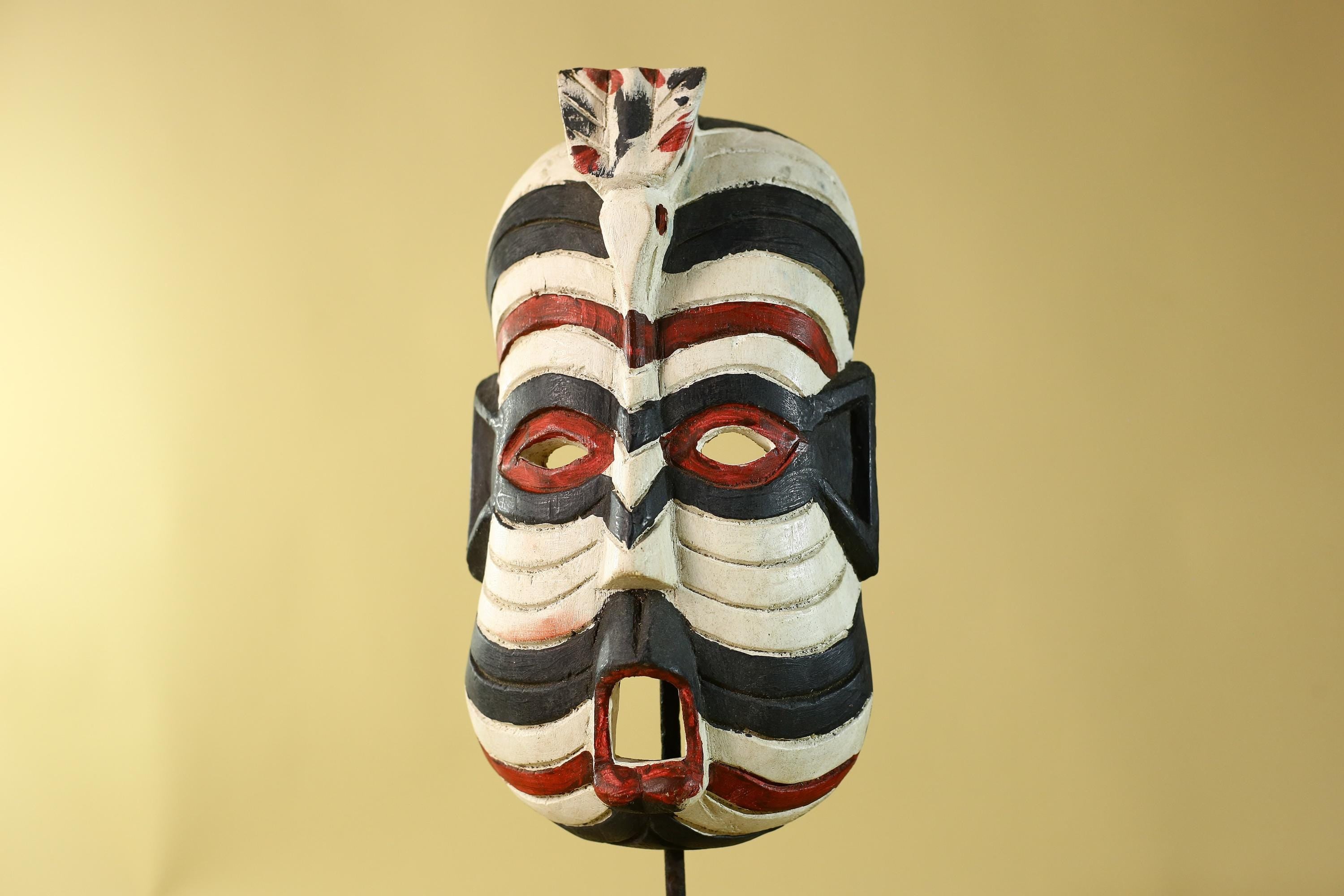 African Tribal Wall Art Kifwebe Mask, Songye Congo Striped Carved Wood-G6206