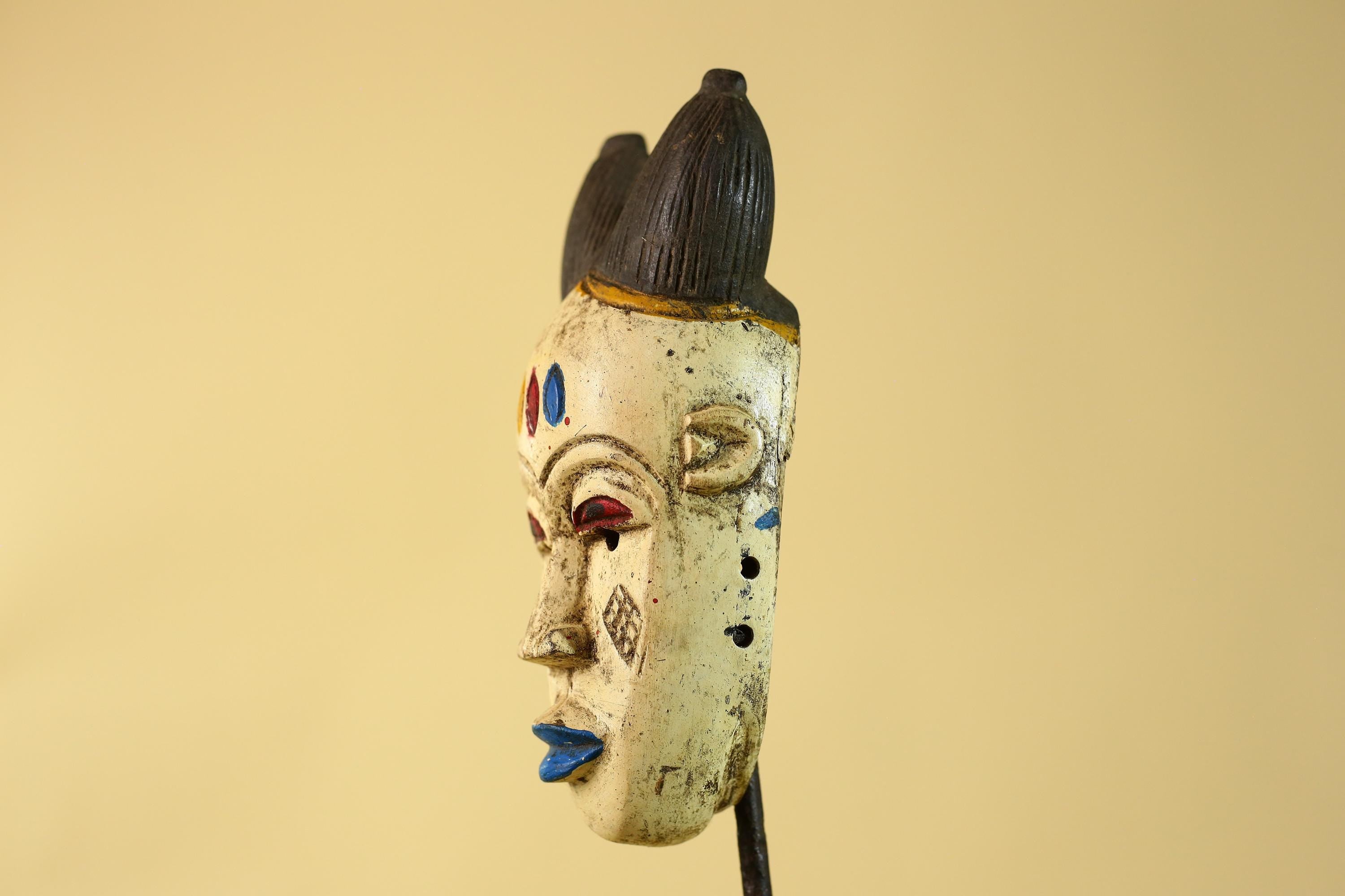 African Tribal Baule Face Mask- Hand Carved Painted Wood Wall Art-G6212