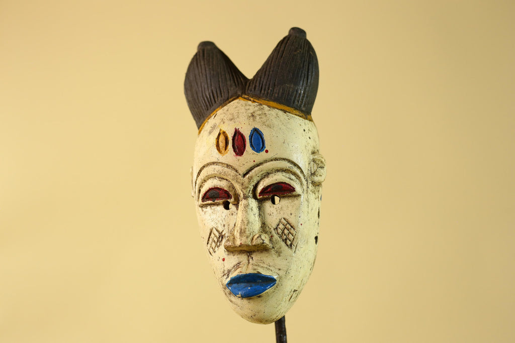 African Tribal Baule Face Mask- Hand Carved Painted Wood Wall Art-G6212