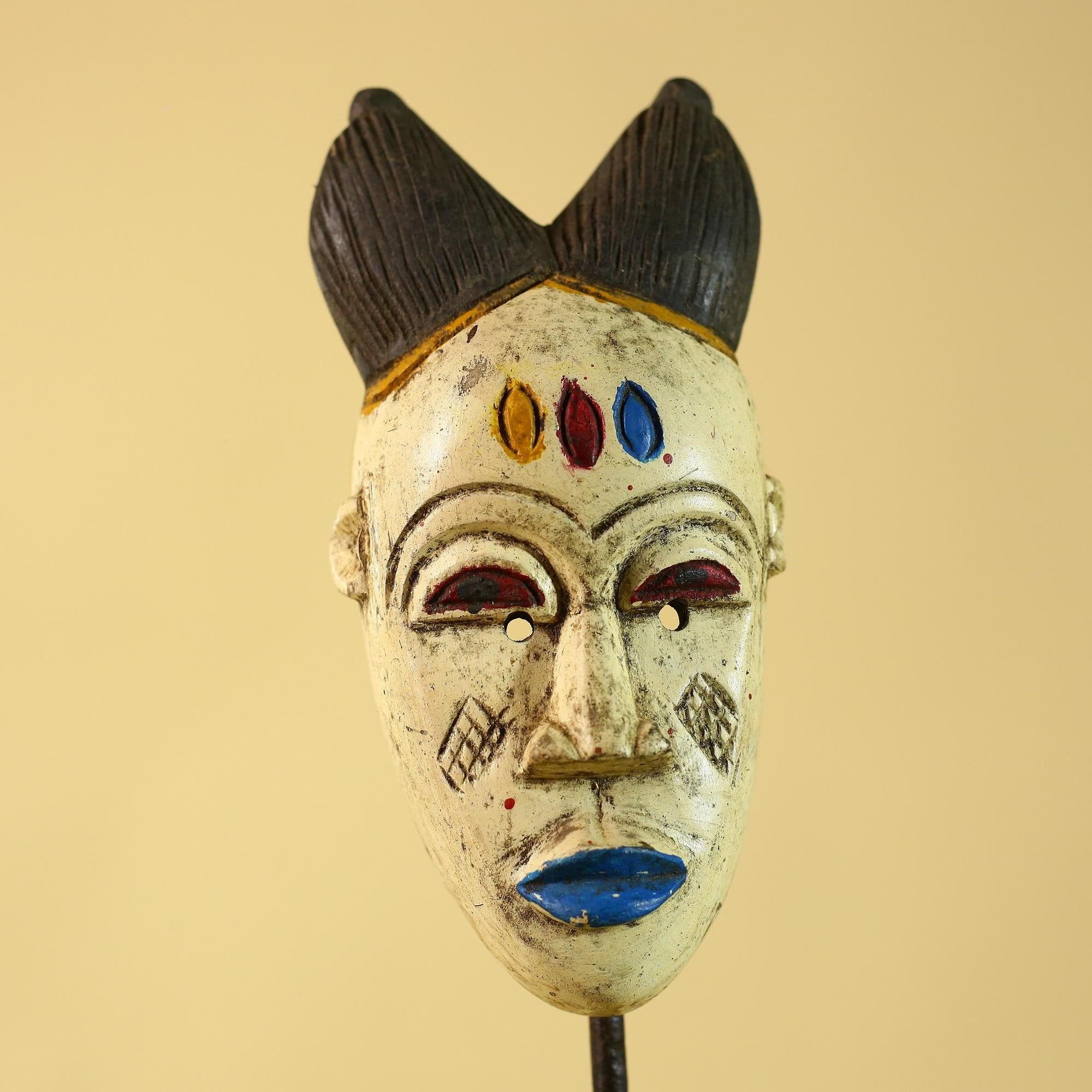 African Tribal Baule Face Mask- Hand Carved Painted Wood Wall Art-G6212