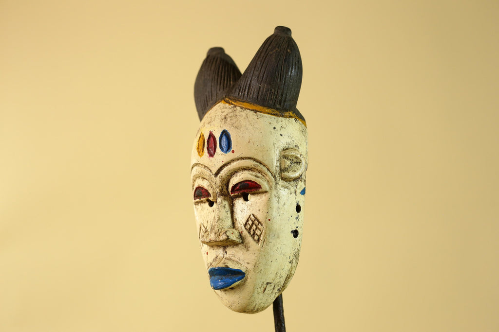 African Tribal Baule Face Mask- Hand Carved Painted Wood Wall Art-G6212