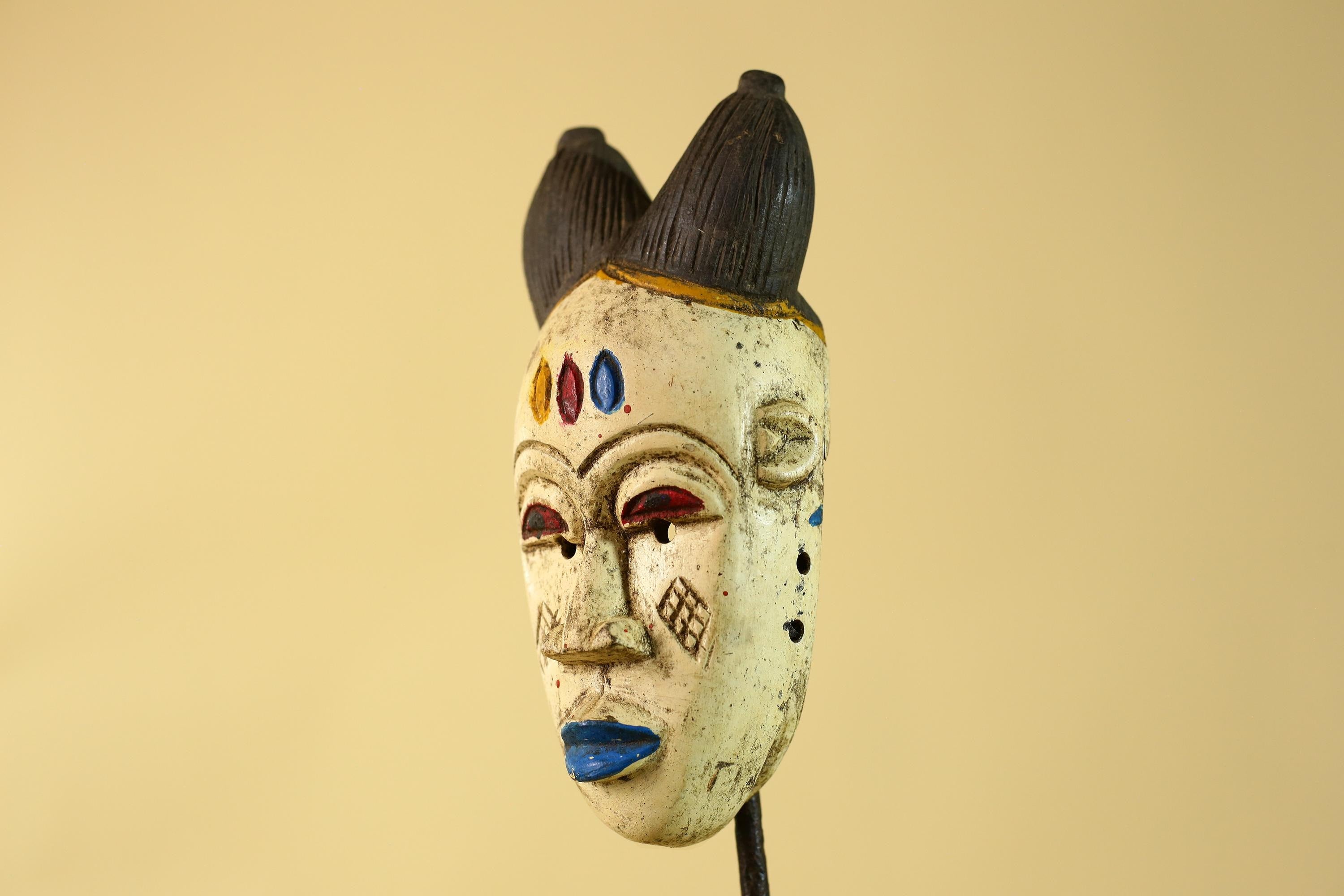 African Tribal Baule Face Mask- Hand Carved Painted Wood Wall Art-G6212