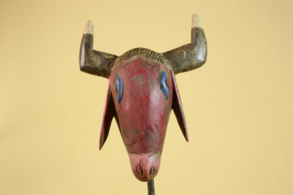 African Horned Animal Mask- Wooden Tribal Antelope Wall Art-G6213