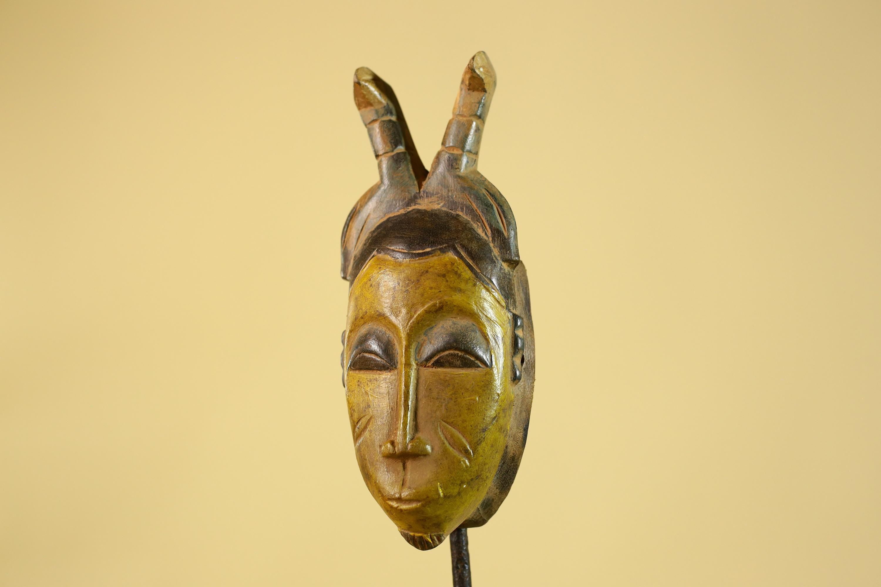 African Baule Horned Mask Wood Carving – West African Tribal Ritual Art-G6214