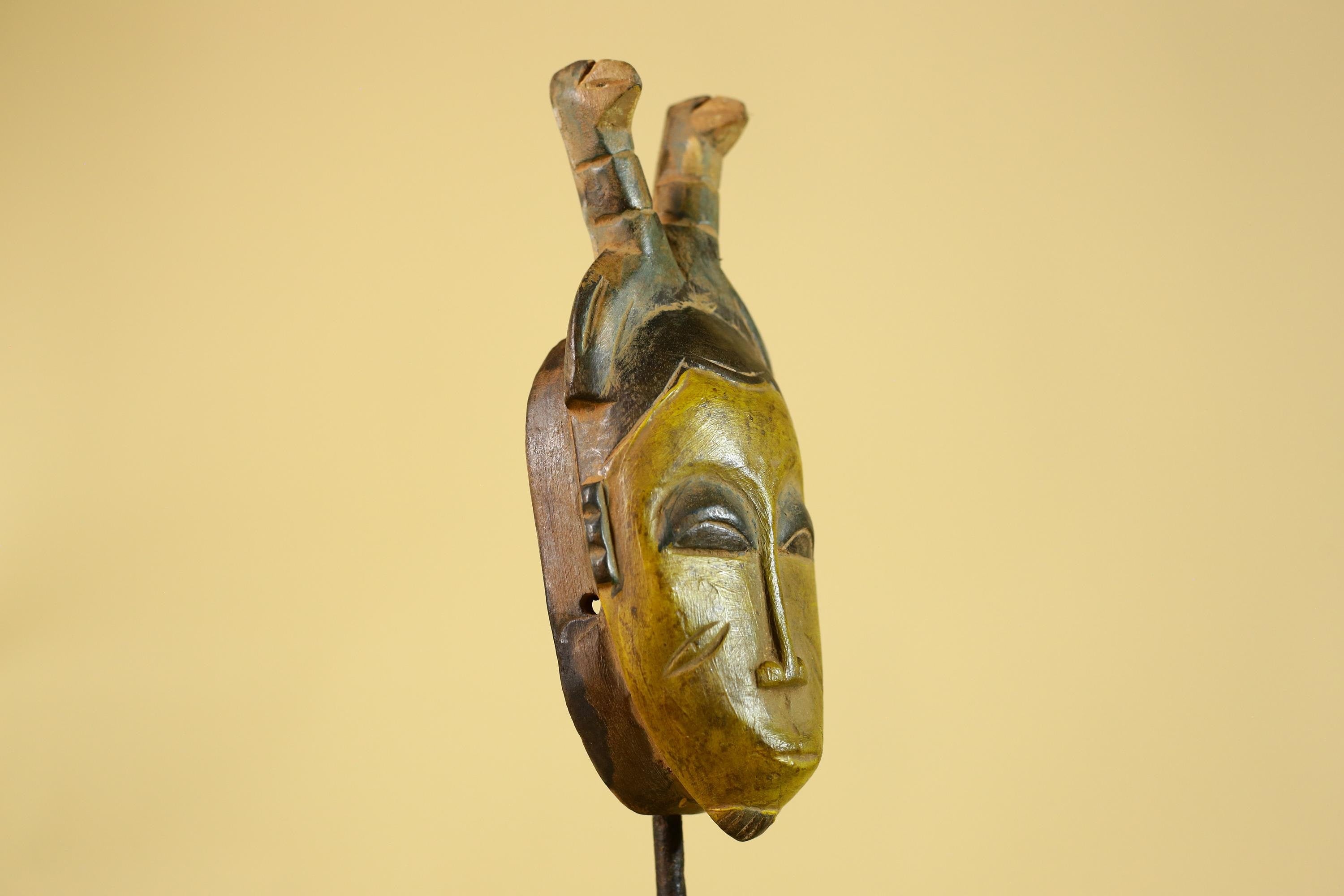African Baule Horned Mask Wood Carving – West African Tribal Ritual Art-G6214
