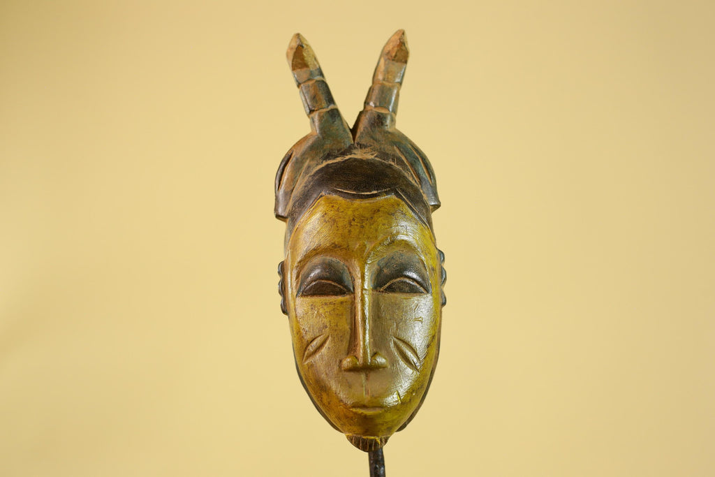 African Baule Horned Mask Wood Carving – West African Tribal Ritual Art-G6214