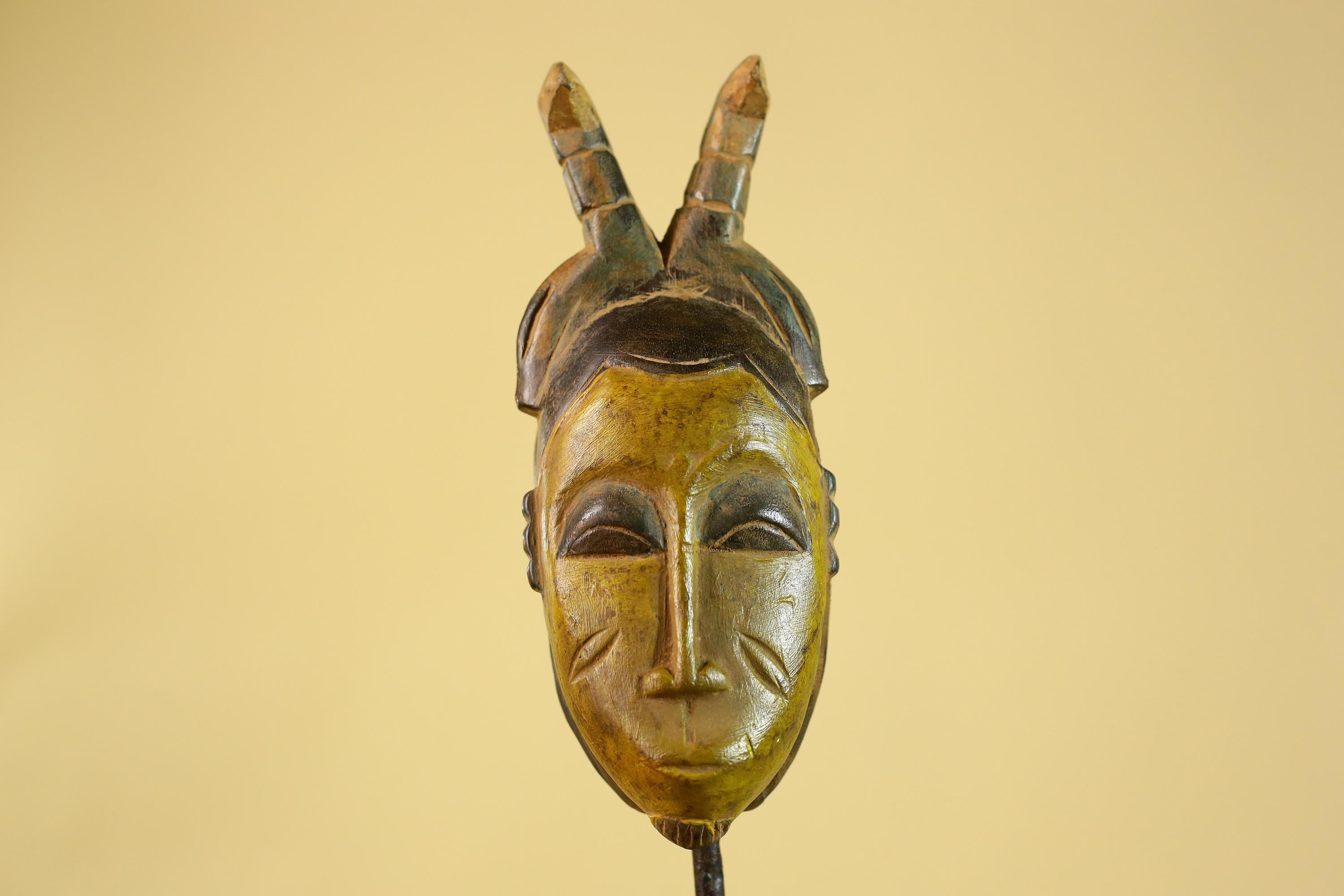 African Baule Horned Mask Wood Carving – West African Tribal Ritual Art-G6214