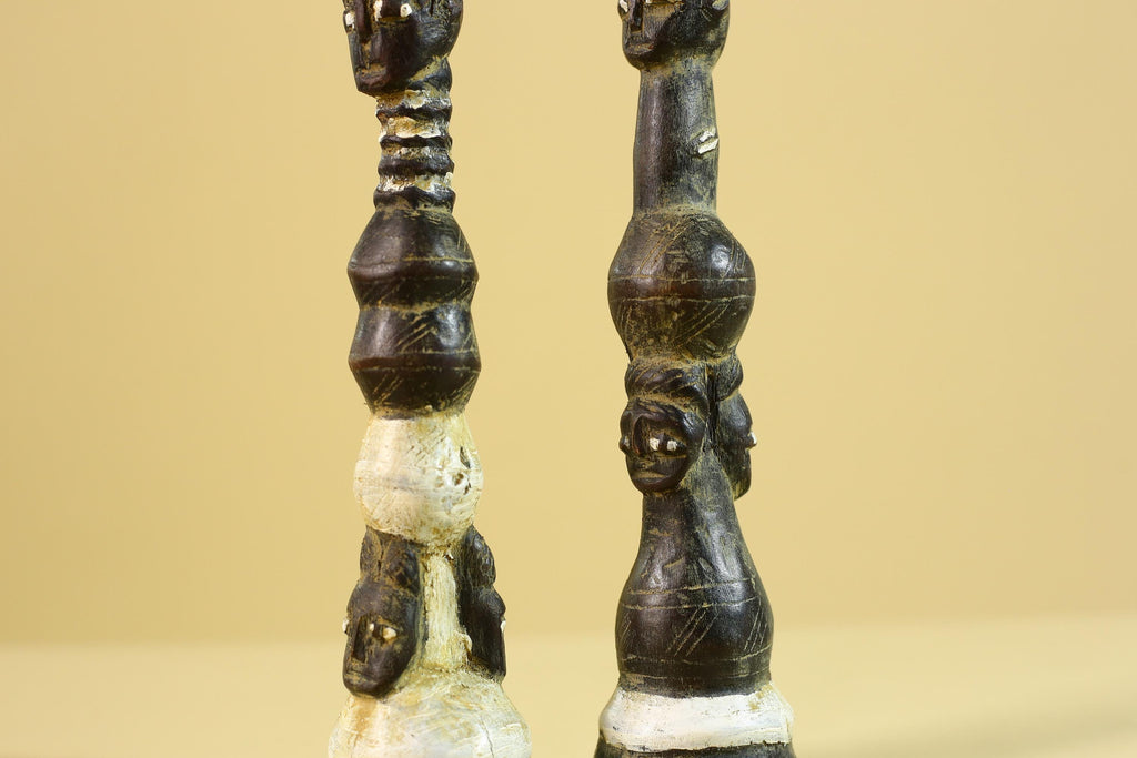 African Wooden Totem Figures Pair – Hand Carved Stacked Human Forms-G6286
