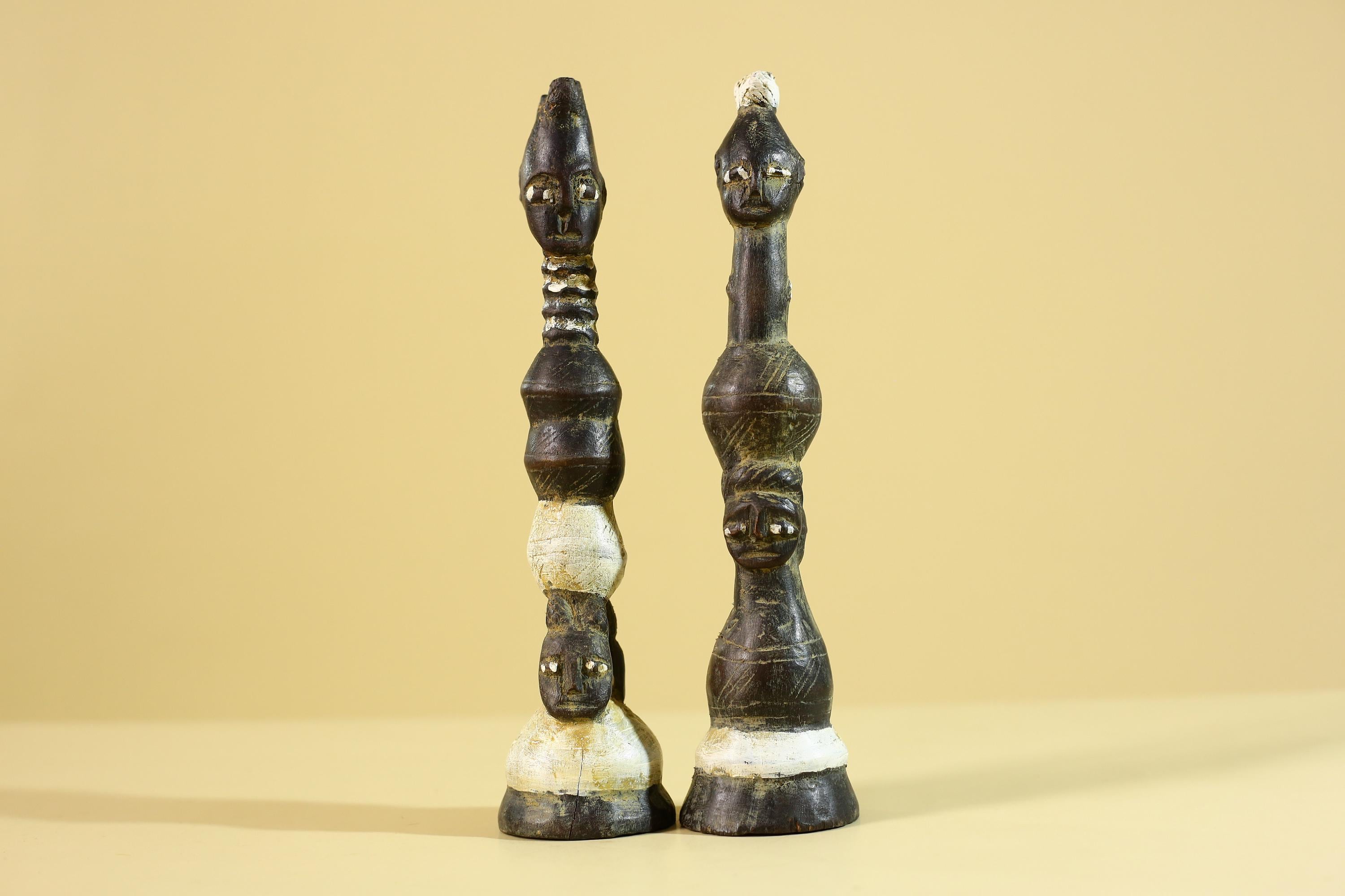 African Wooden Totem Figures Pair – Hand Carved Stacked Human Forms-G6286