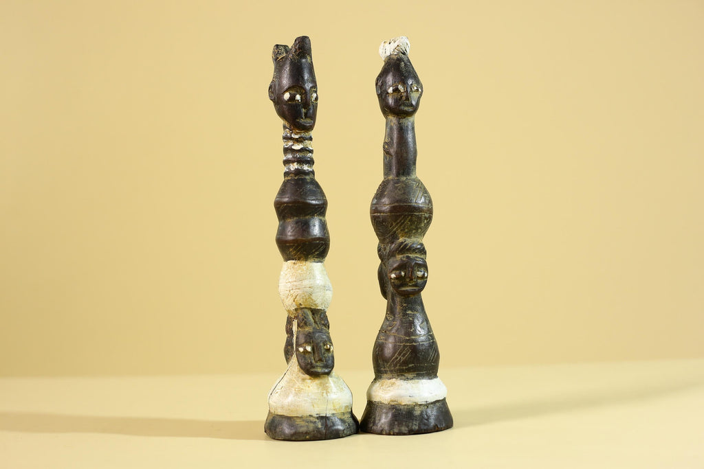 African Wooden Totem Figures Pair – Hand Carved Stacked Human Forms-G6286