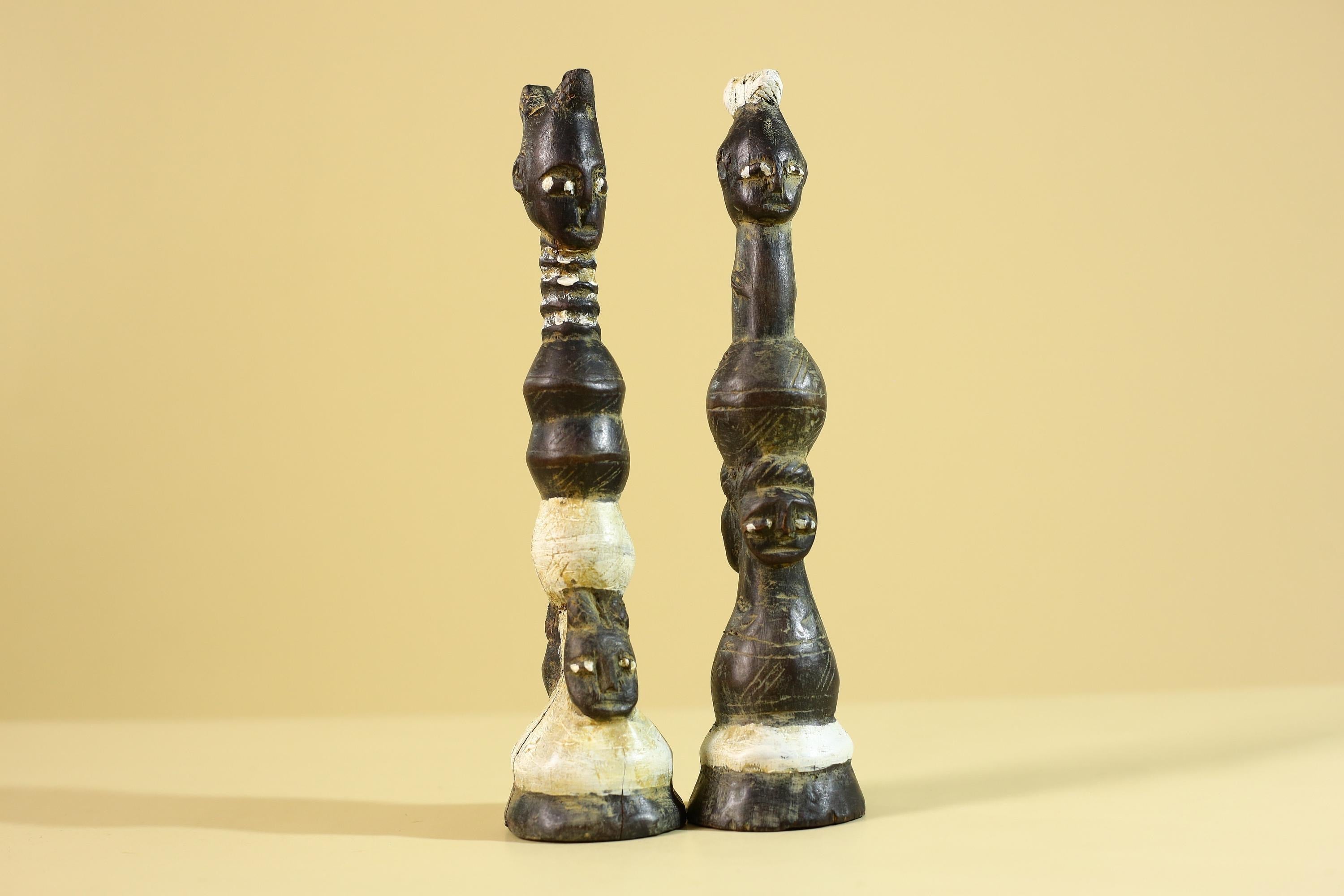 African Wooden Totem Figures Pair – Hand Carved Stacked Human Forms-G6286