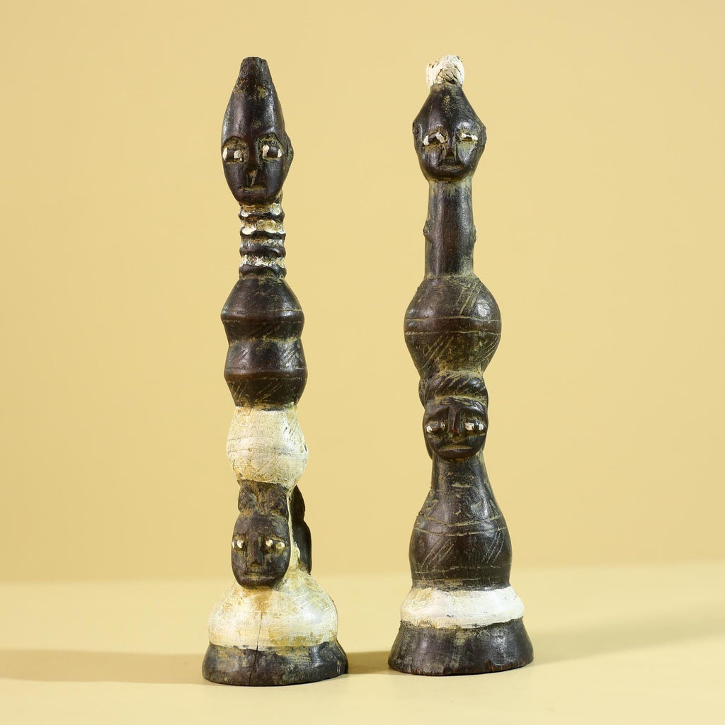 African Wooden Totem Figures Pair – Hand Carved Stacked Human Forms-G6286