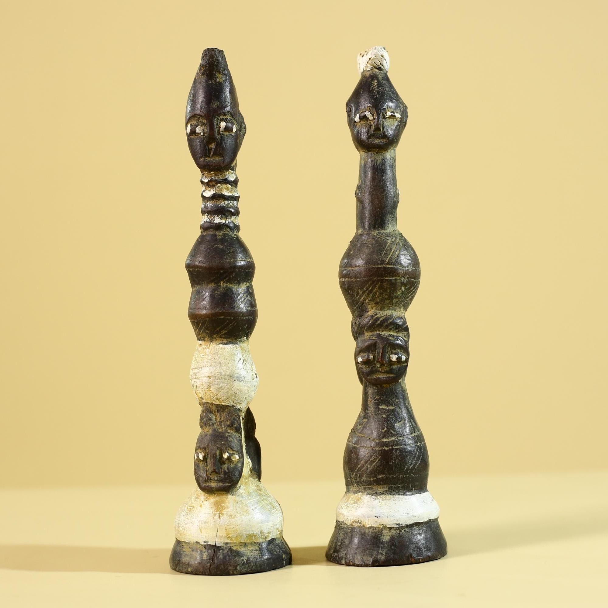 African Wooden Totem Figures Pair – Hand Carved Stacked Human Forms-G6286