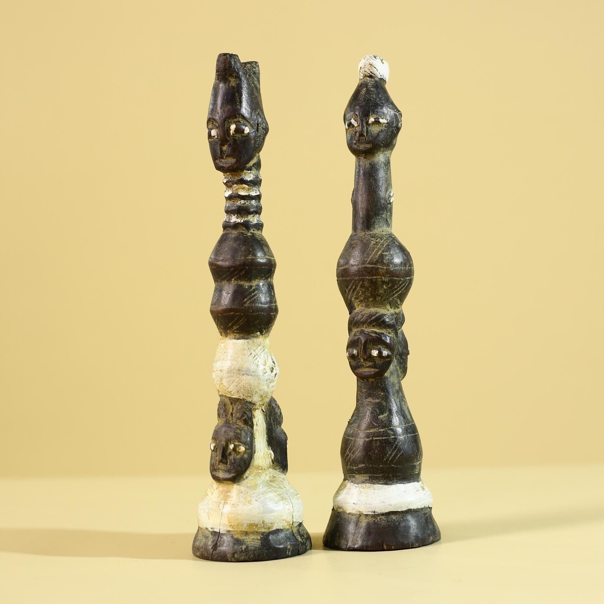 African Wooden Totem Figures Pair – Hand Carved Stacked Human Forms-G6286