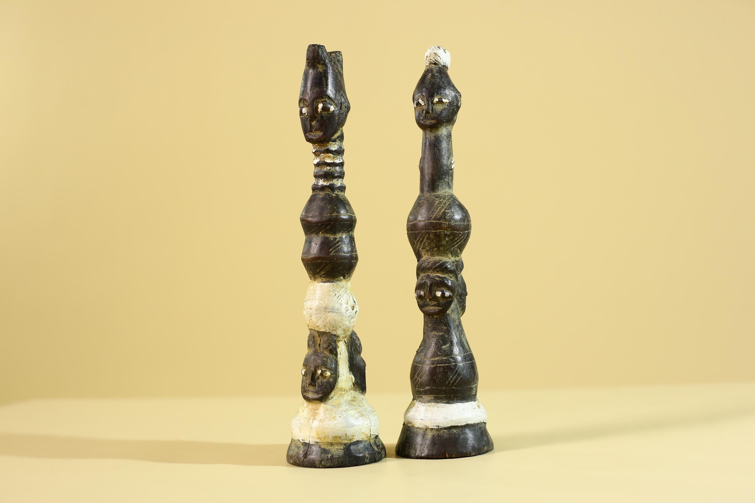 African Wooden Totem Figures Pair – Hand Carved Stacked Human Forms-G6286