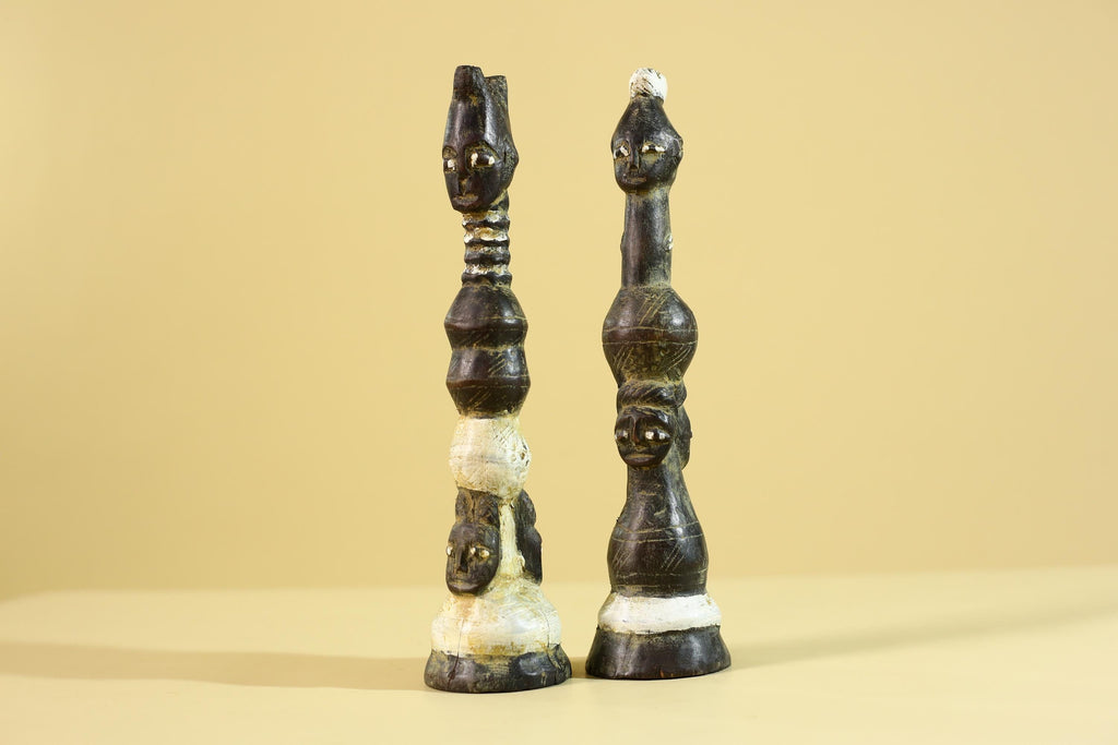 African Wooden Totem Figures Pair – Hand Carved Stacked Human Forms-G6286