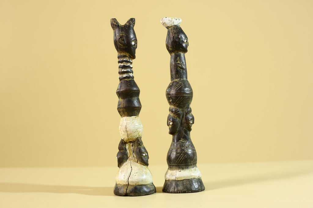 African Wooden Totem Figures Pair – Hand Carved Stacked Human Forms-G6286