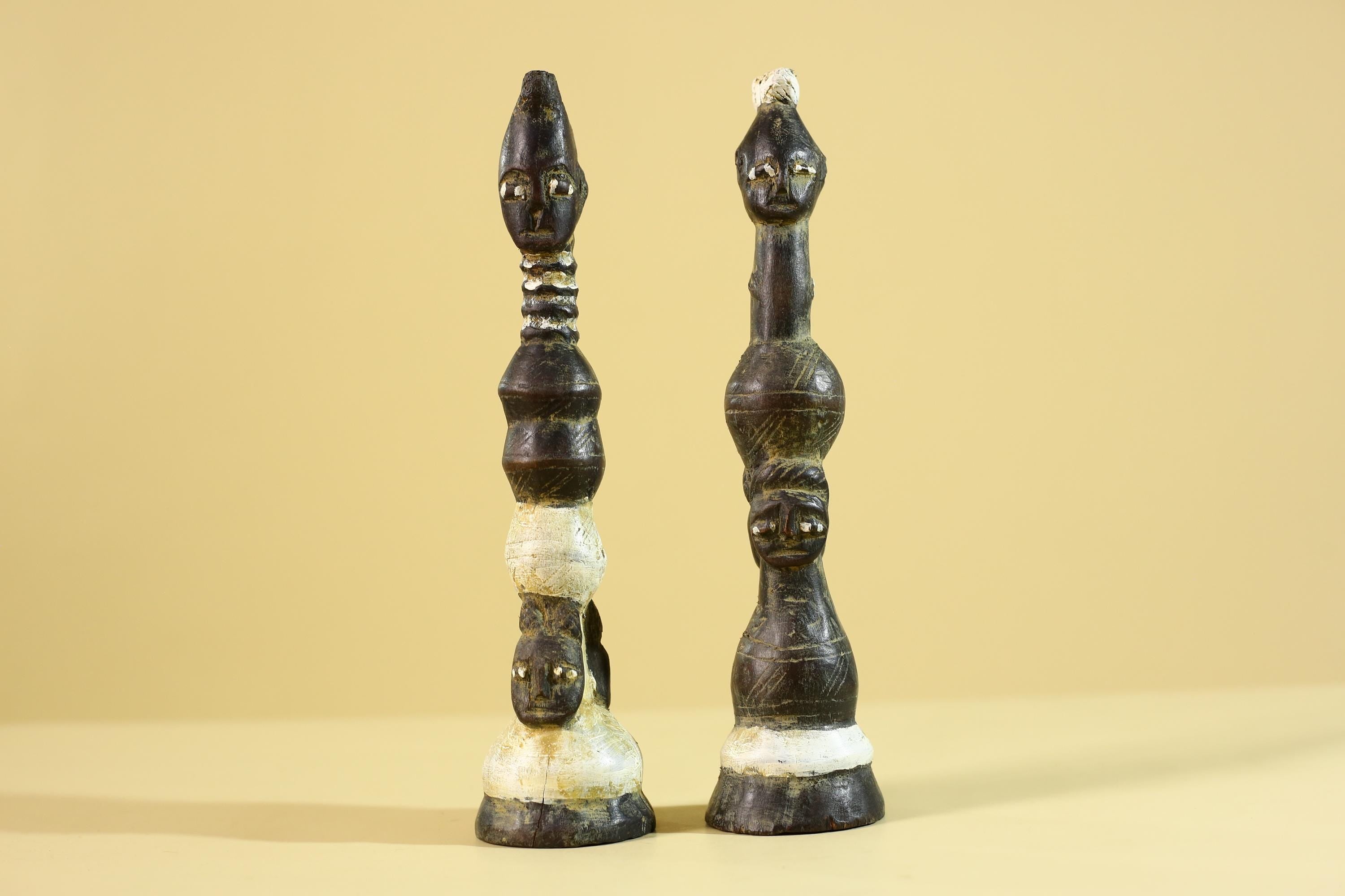 African Wooden Totem Figures Pair – Hand Carved Stacked Human Forms-G6286