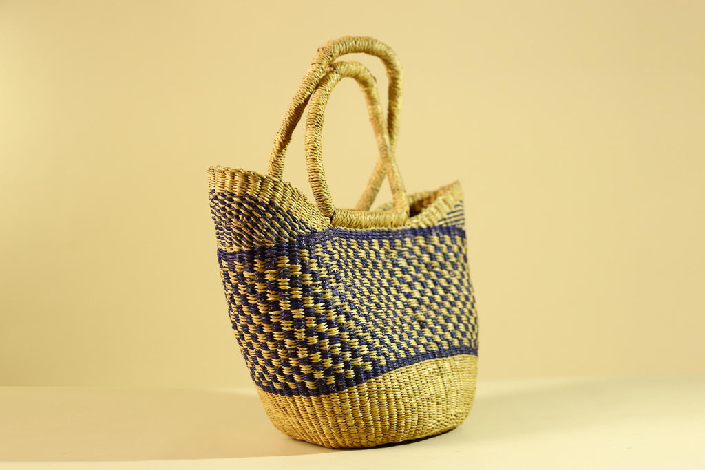 African Handwoven Straw Basket Blue Yellow Market Tote Natural Fiber Decor-G6287