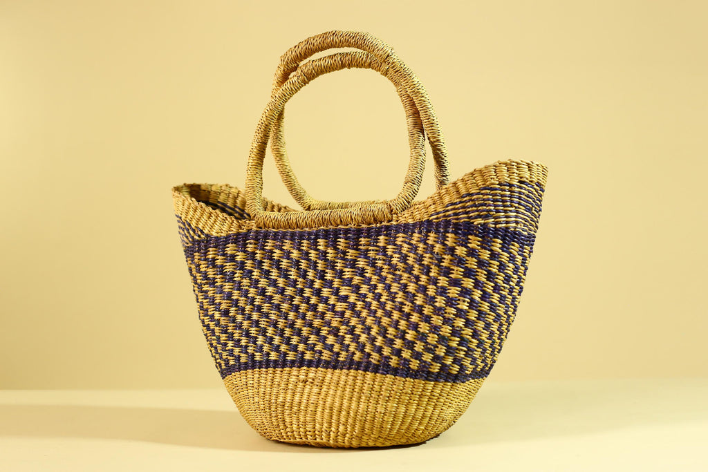 African Handwoven Straw Basket Blue Yellow Market Tote Natural Fiber Decor-G6287