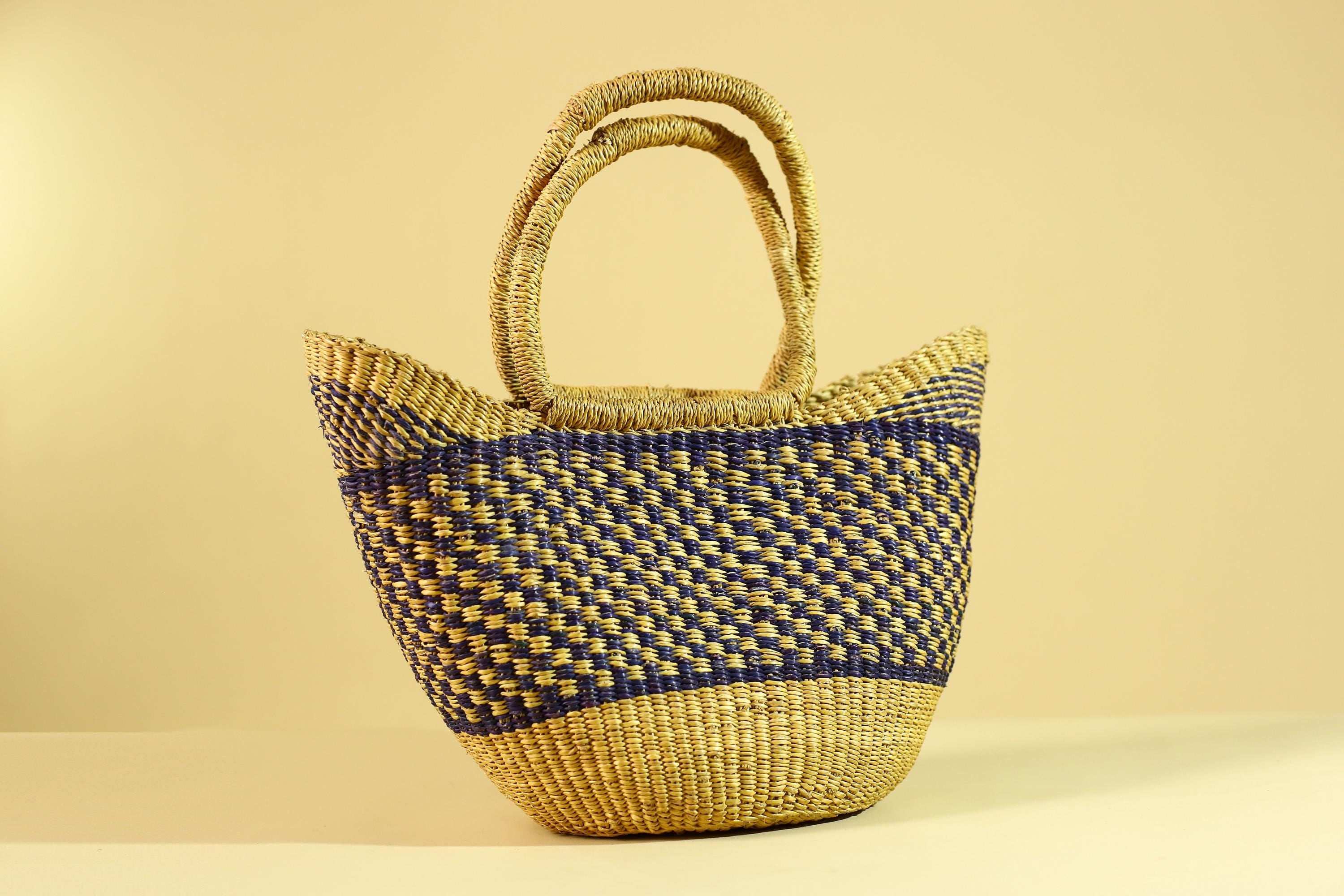 African Handwoven Straw Basket Blue Yellow Market Tote Natural Fiber Decor-G6287