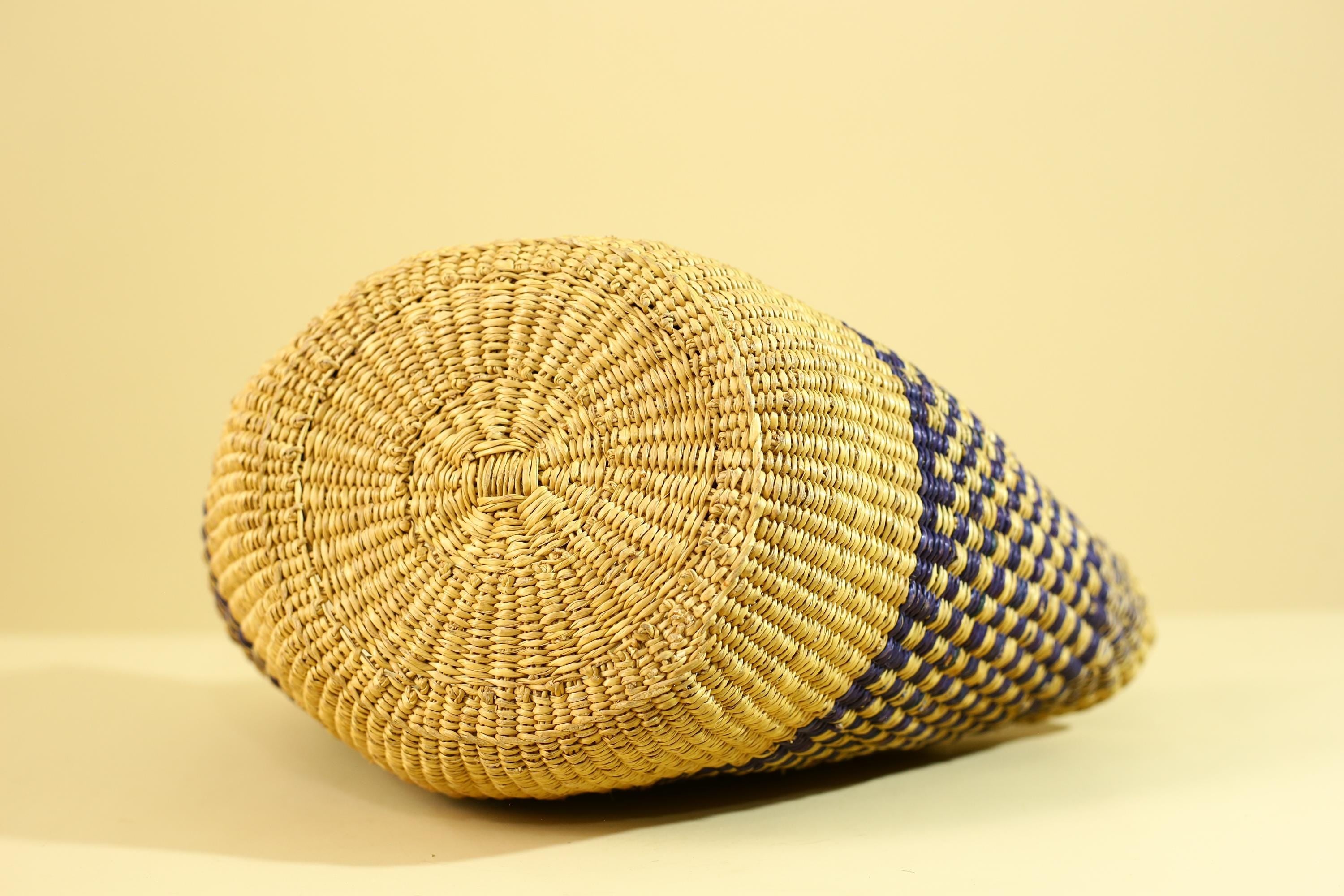 African Handwoven Straw Basket Blue Yellow Market Tote Natural Fiber Decor-G6287