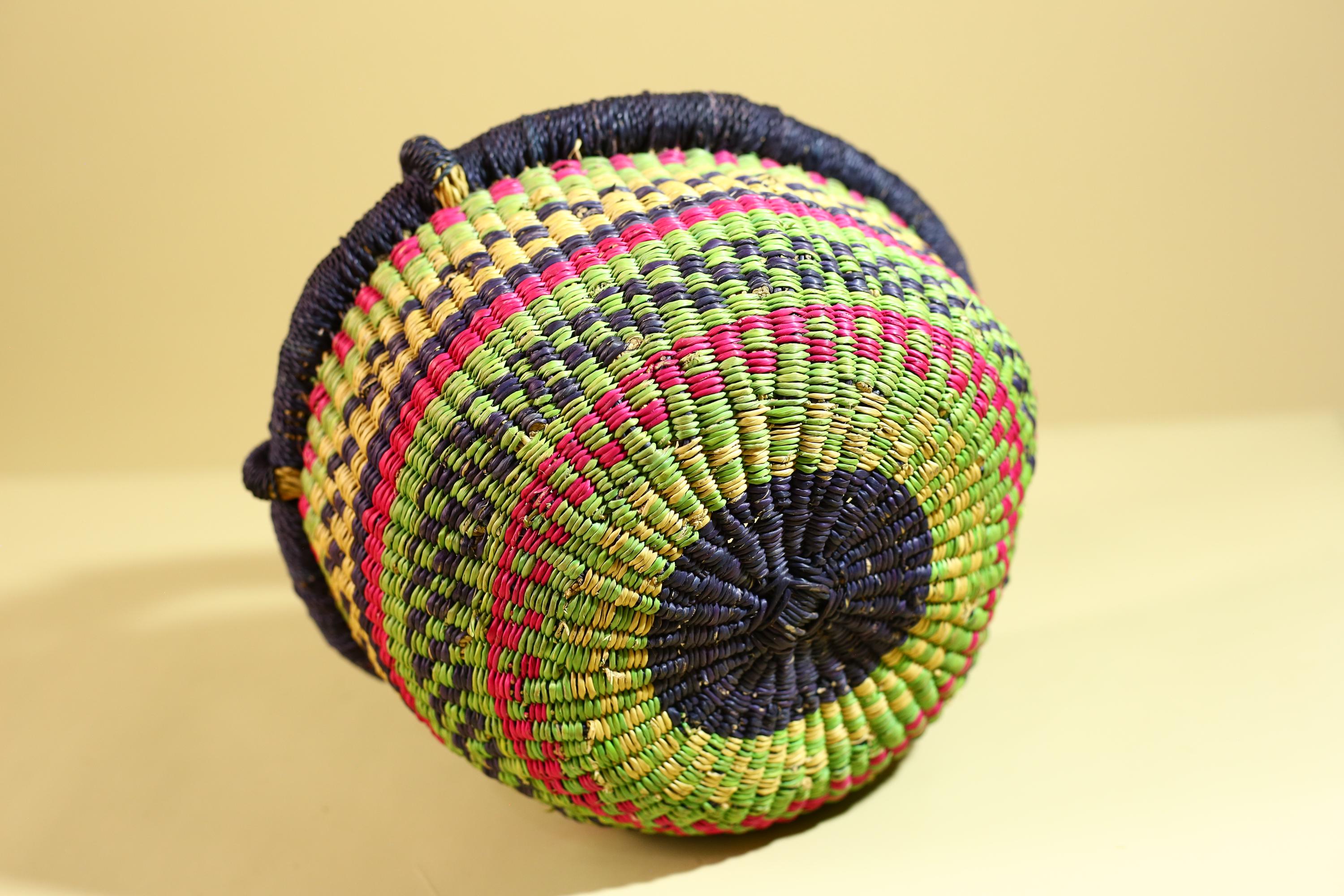 African Handwoven Market Basket Natural Fiber Straw Tote With Leather Handle-G6288
